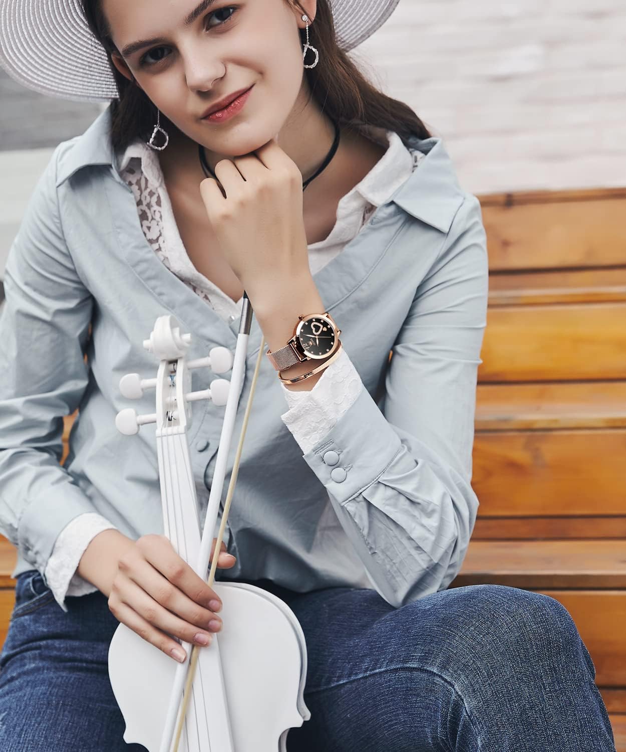 Detalle de OLEVS Montre pour Femme Or Rose – Cœur, Diamants et Mouvement Quartz Japonais
