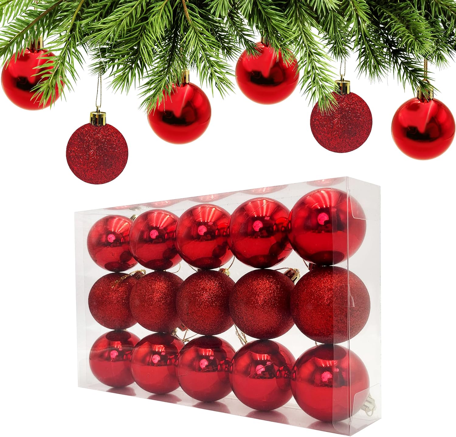 Detalle de AiTodos rode kerstballen van kunststof, 15 stuks, 6 cm, voorgeregen