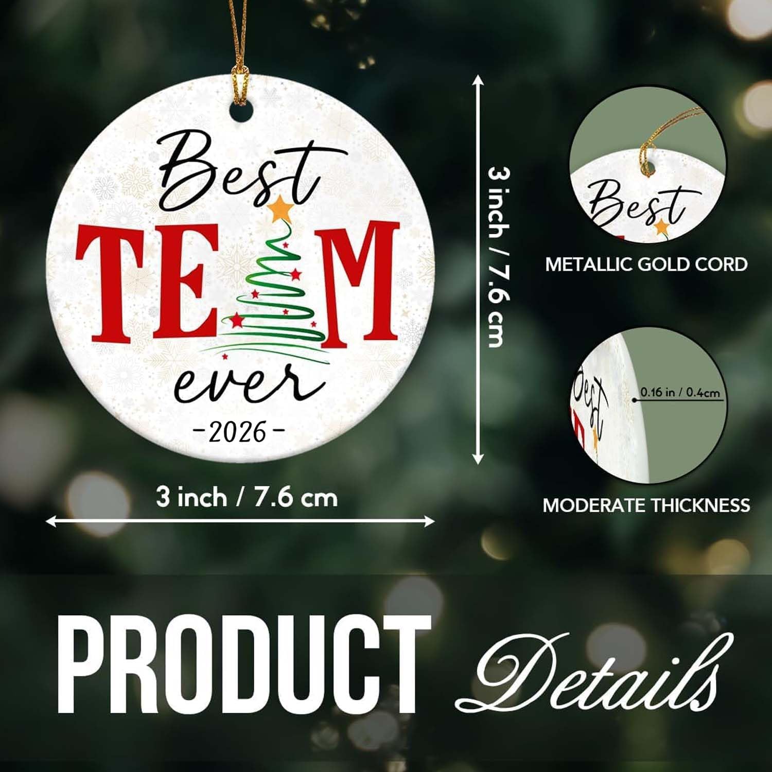 Detalle de Fvviia Best Team Ever Ornament 2026, 3x3-Inch Ceramic Hanging Decoration