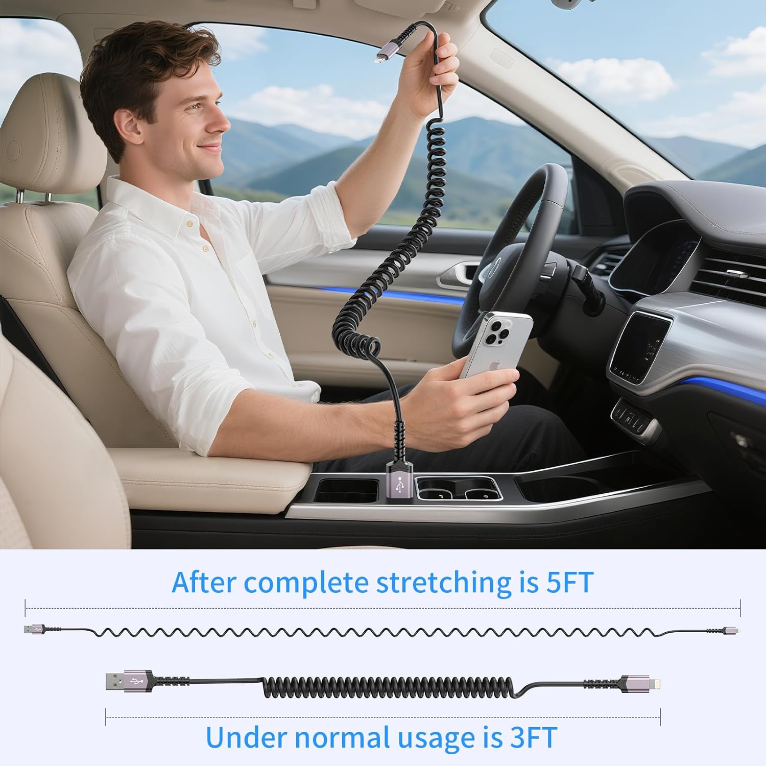 Thumbnail 4 de 3-Pack Coiled Lightning Cable for Car (MFi Certified) USB-A to Lightning Retractable iPhone Charger
