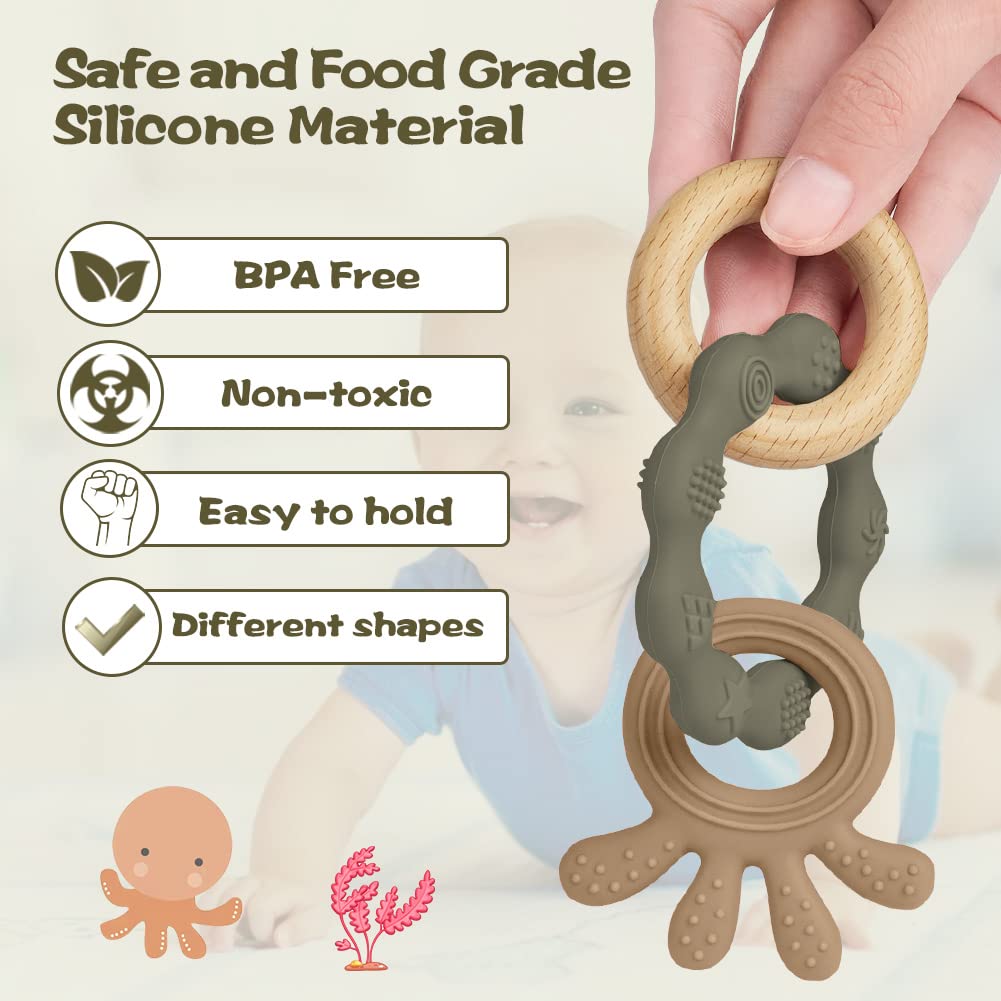 Detalle de Vicloon Beißring für Babys aus Silikon & Holzringe (BPA-frei) – Zahnungshilfe ab 3 Monaten