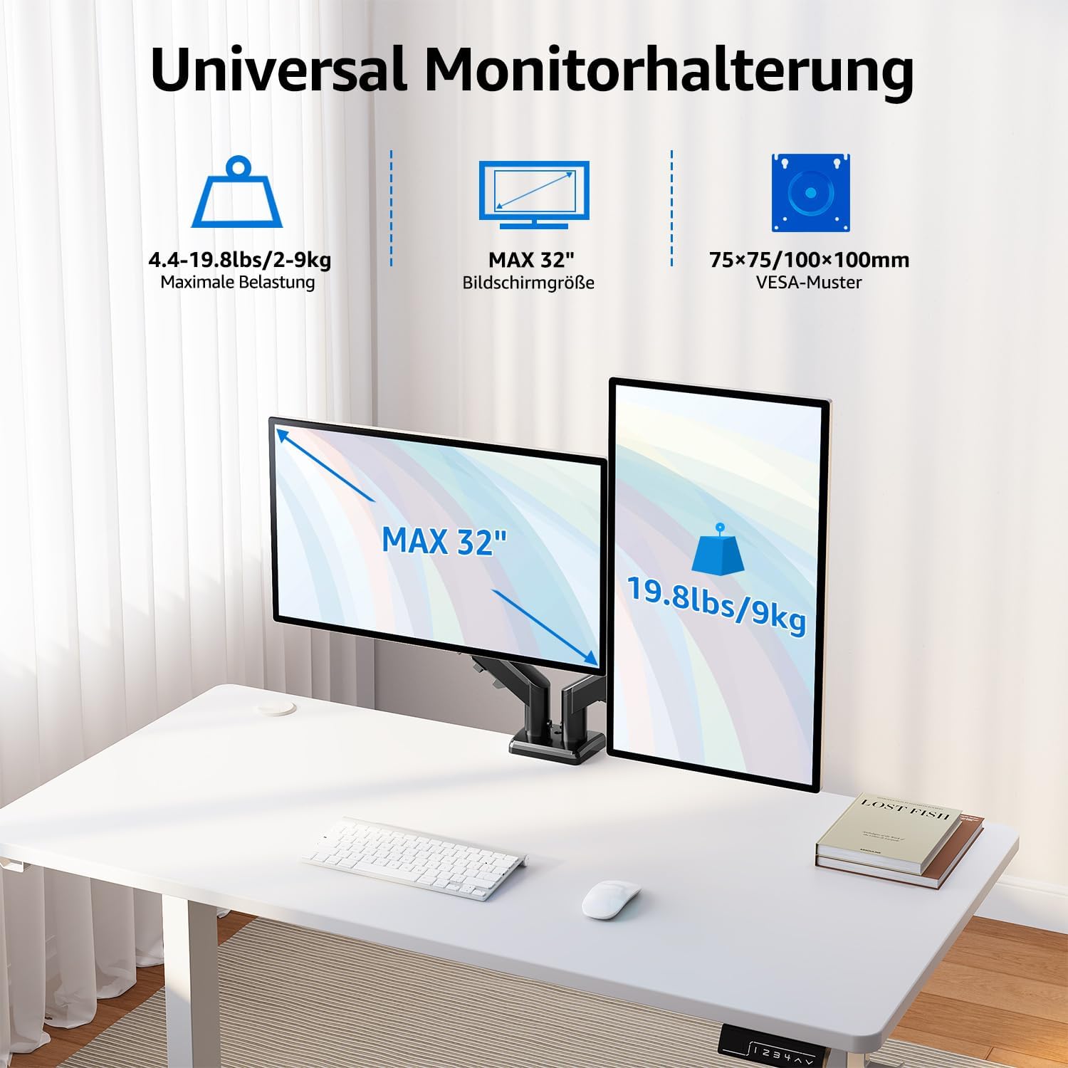 Detalle de MOUNTUP Dual Monitor Halterung für 13–32 Zoll EU8014B – höhenverstellbar, neigbar, schwenkbar (VESA 75/100)