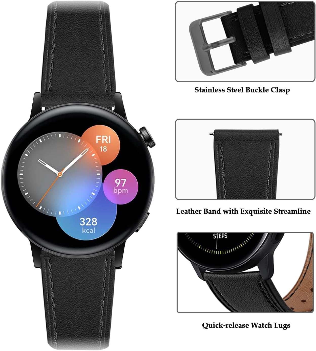 Thumbnail 2 de Bracelet 20 mm en cuir pour Huawei Watch GT 3/GT 2 42 mm et Samsung Galaxy Watch (boucle noire)