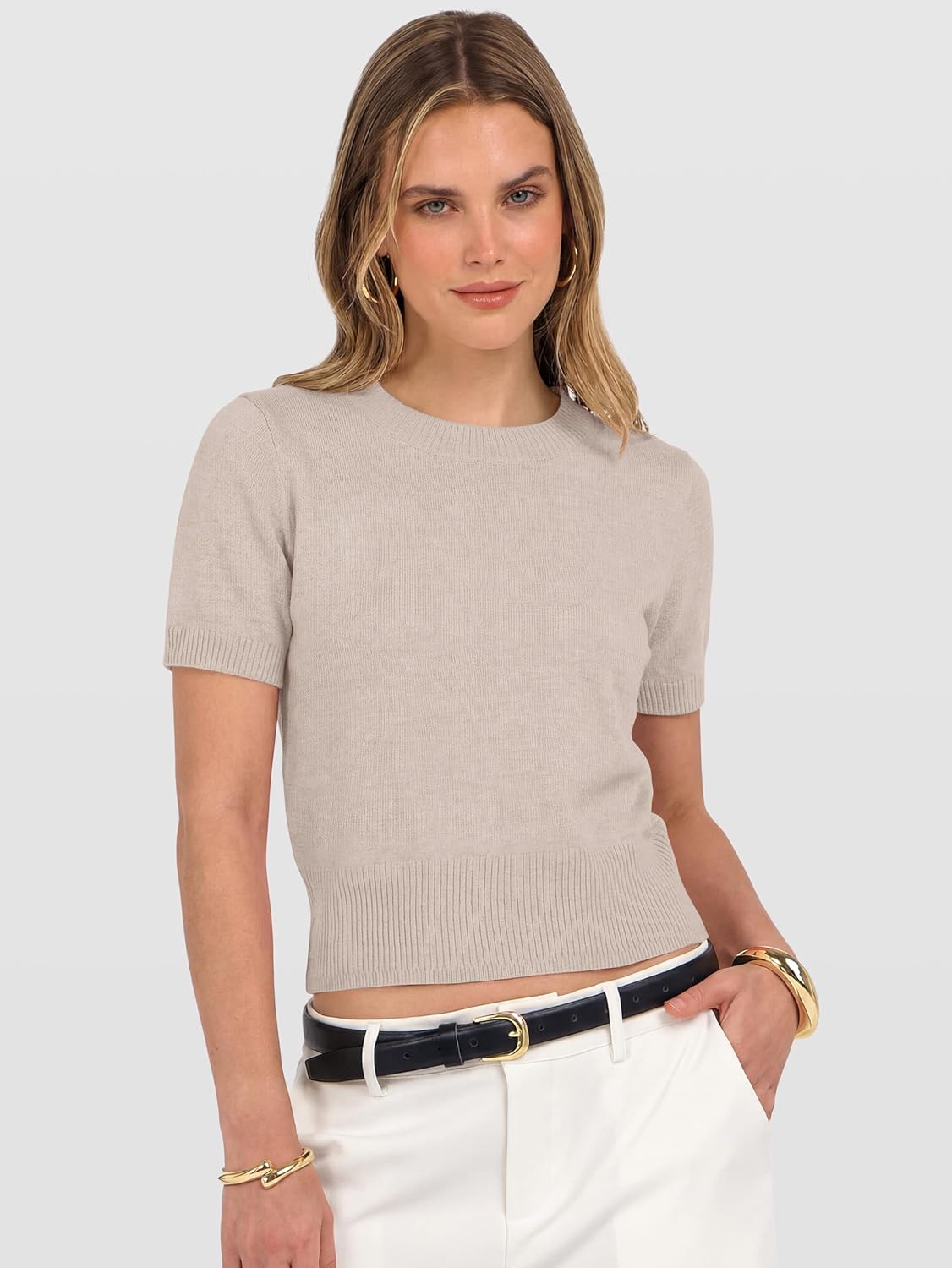 Thumbnail 1 de ANRABESS Women's Short Sleeve Cropped Crew Neck Sweater Top — Lightweight, Spring/Summer Ready