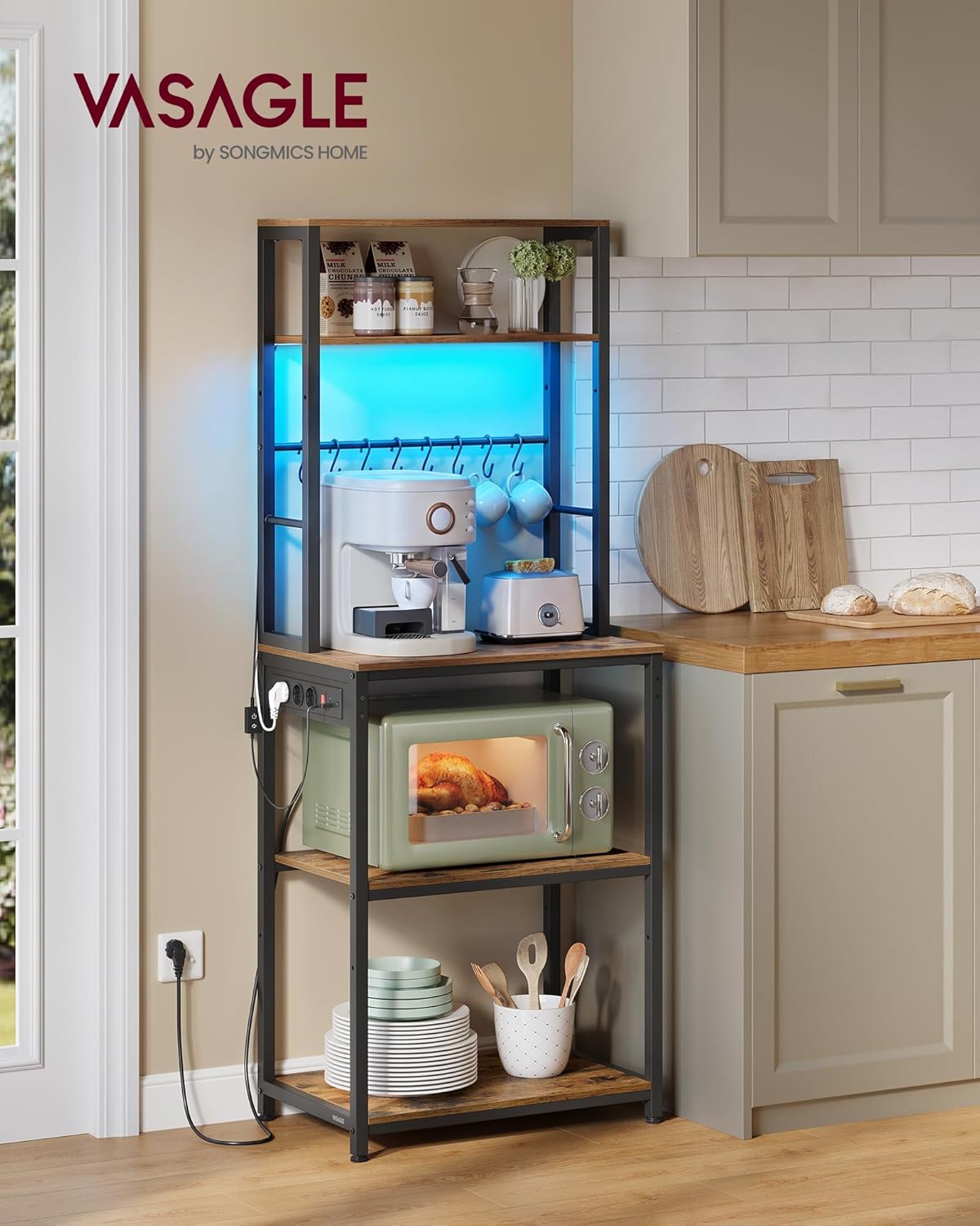 Thumbnail 1 de VASAGLE Scaffale da Cucina con LED KKS049KD01 – 40 x 60 x 168,4 cm, Marrone Vintage/Nero Opaco