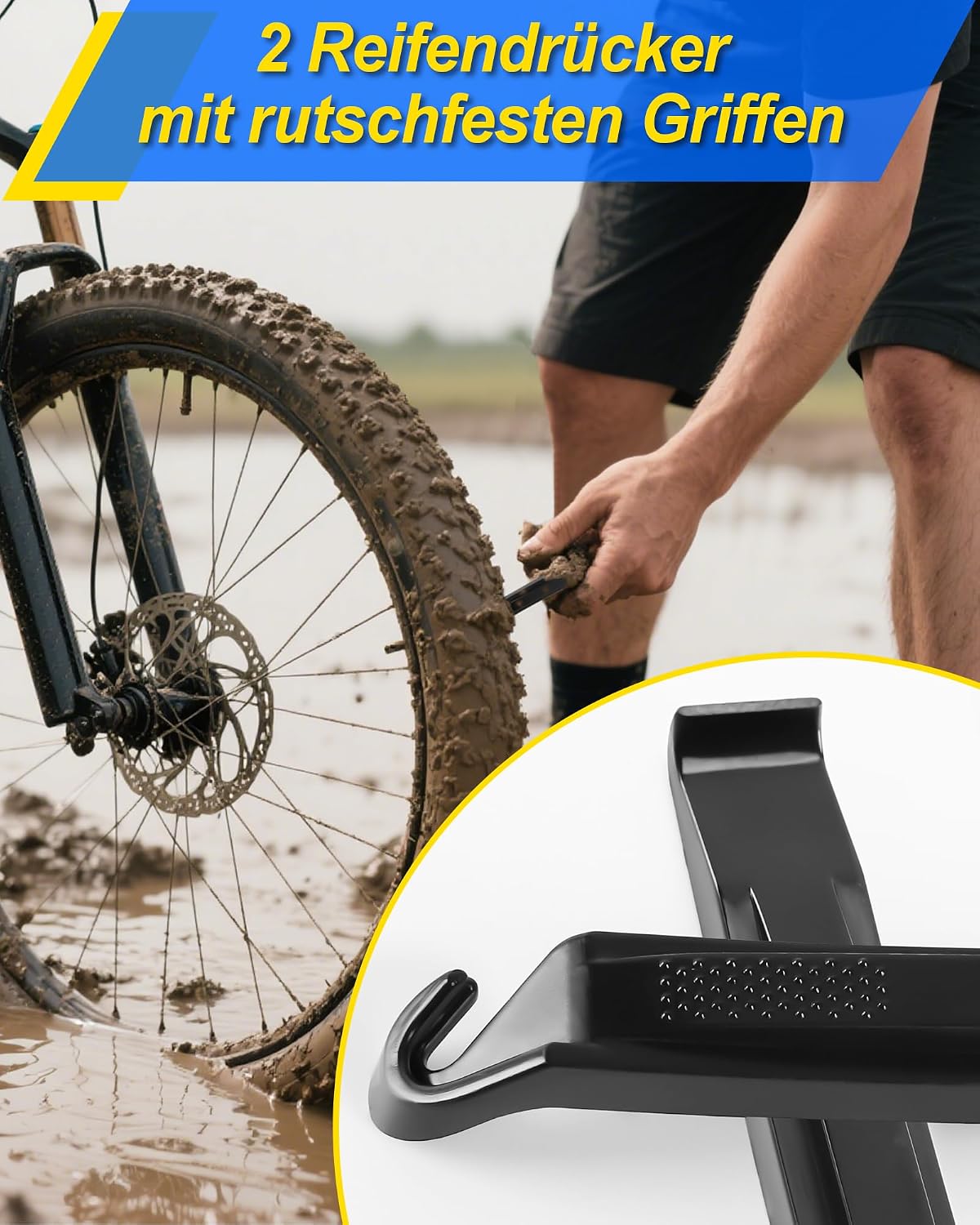 Detalle 2 de Beanewone Flickzeug Fahrrad – Fahrrad-Reparaturset mit 18 Flicken, Gummilösungen, Reifenhebern und Metallfeile