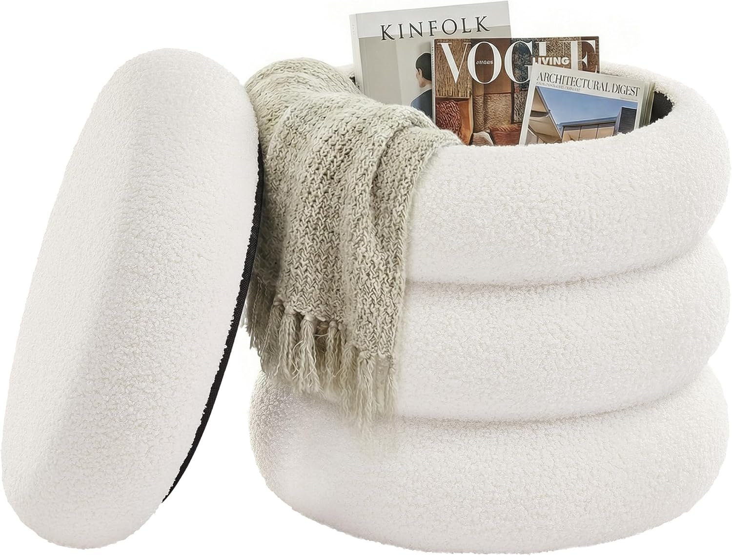 Detalle de SONGMICS Sgabello Trucco LOM015WD01: pouf contenitore rotondo imbottito con coperchio rimovibile
