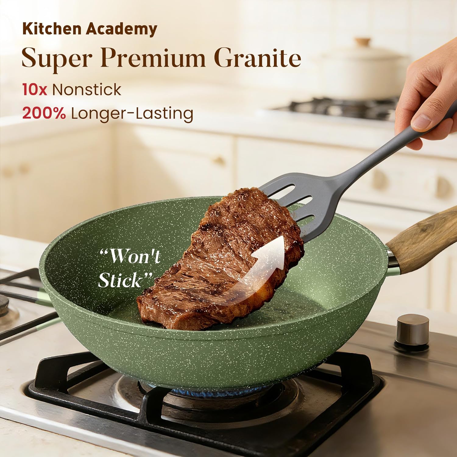 Thumbnail 1 de Kitchen Academy Non Toxic Nonstick Pots and Pans Set (12-Piece) — Green Granite Cookware, Induction Compatible