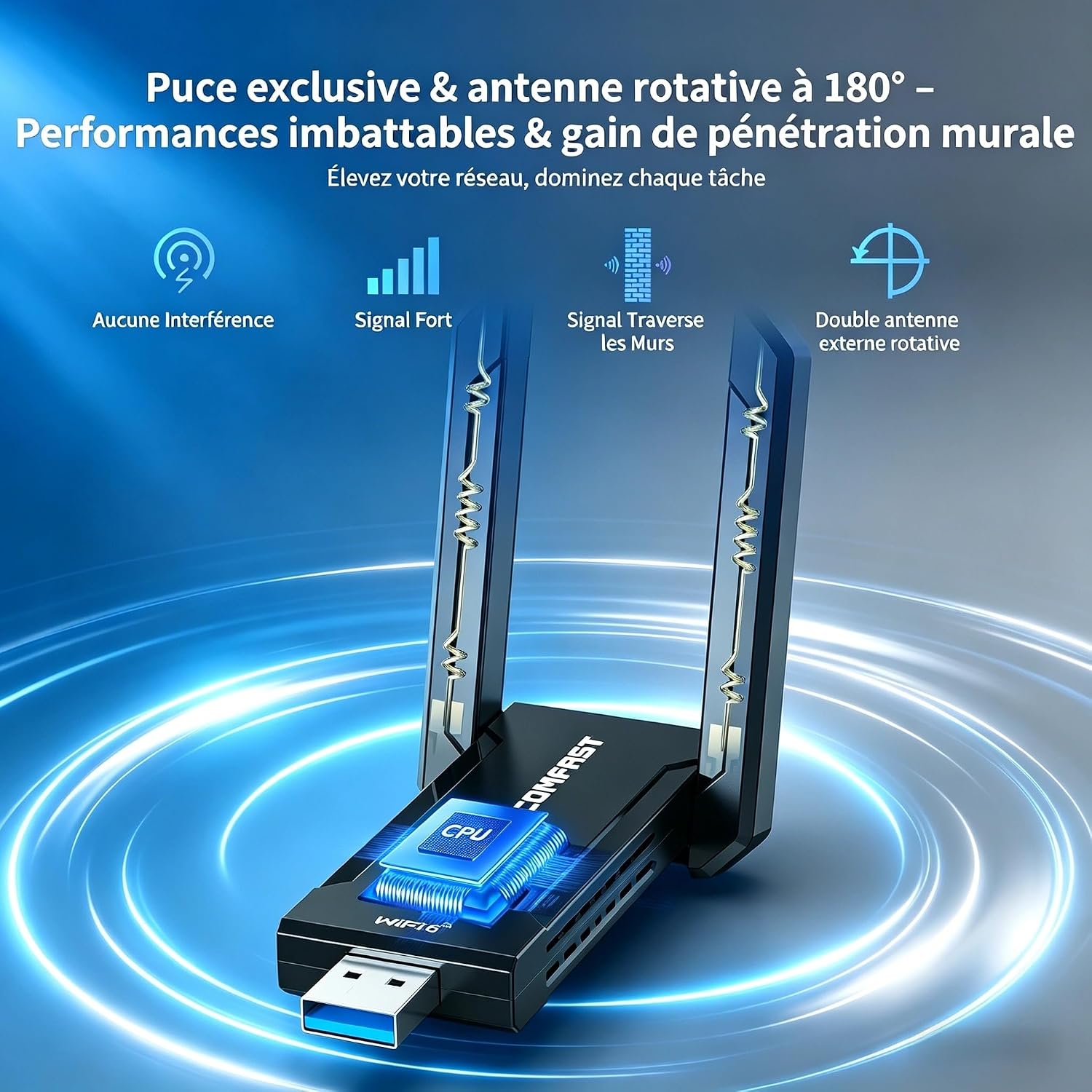 Detalle de Clé WiFi 6E COMFAST Tri-Bande AX5400 Mbps USB 3.0 — Compatibilité Windows 10/11