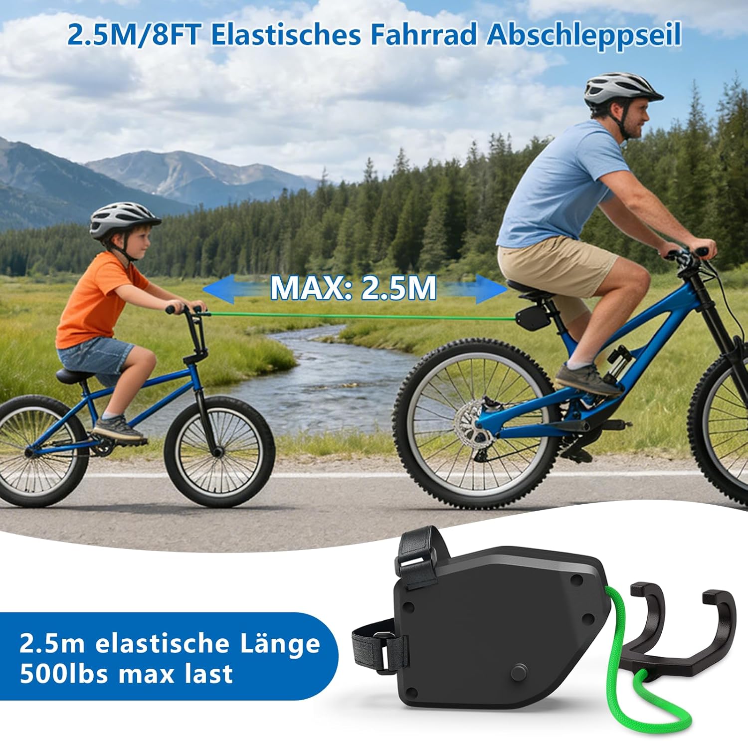 Thumbnail 2 de FIVAVA Fahrrad Abschleppseil für Kinder, 2,5 m einziehbar – Zugseil für Eltern-Kind-Radtouren
