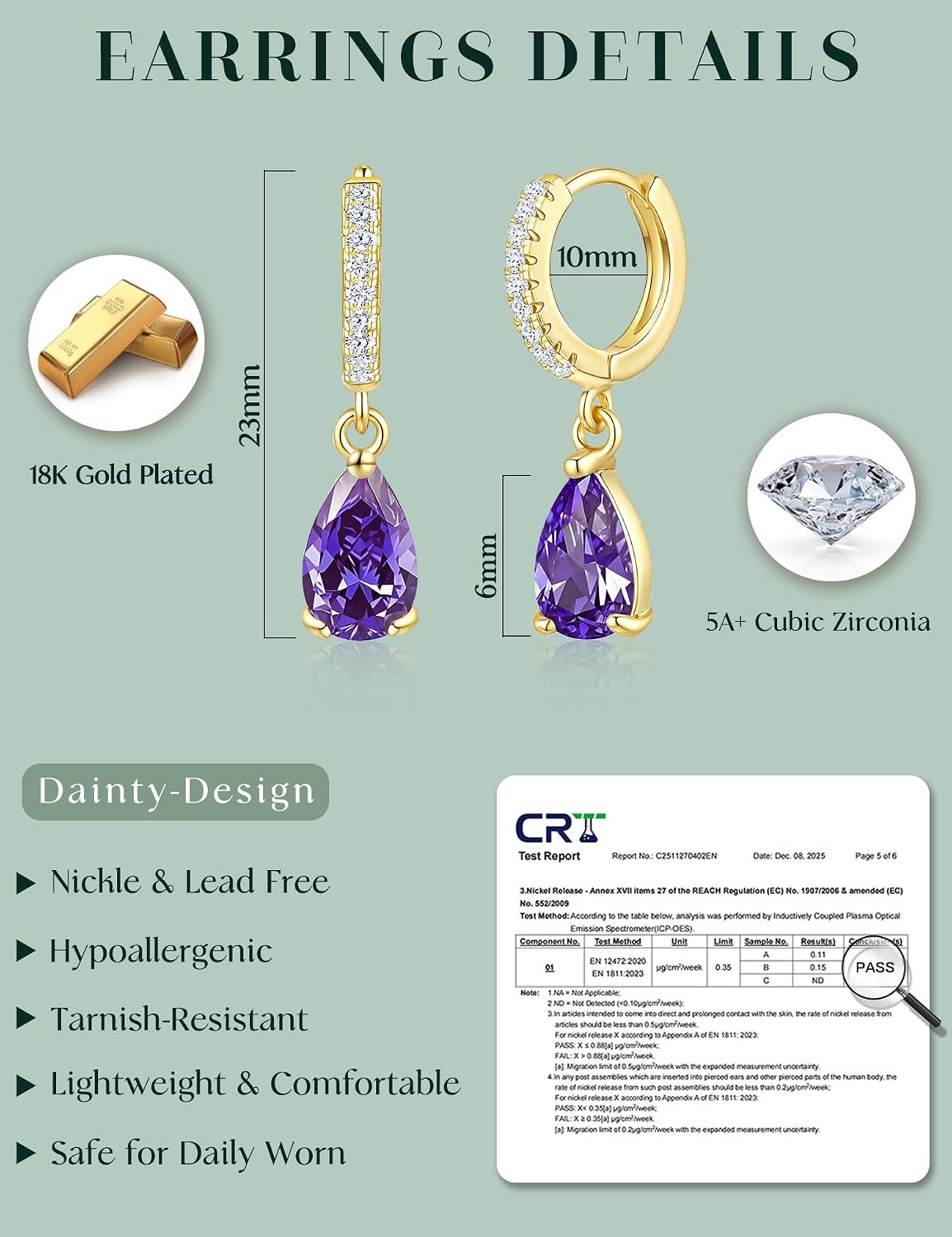 Detalle de ZNBOH Geburtsstein-Ohrringe goldfarben (18K vergoldet) mit Zirkonia-Anhänger – hängende Damen-Creolen