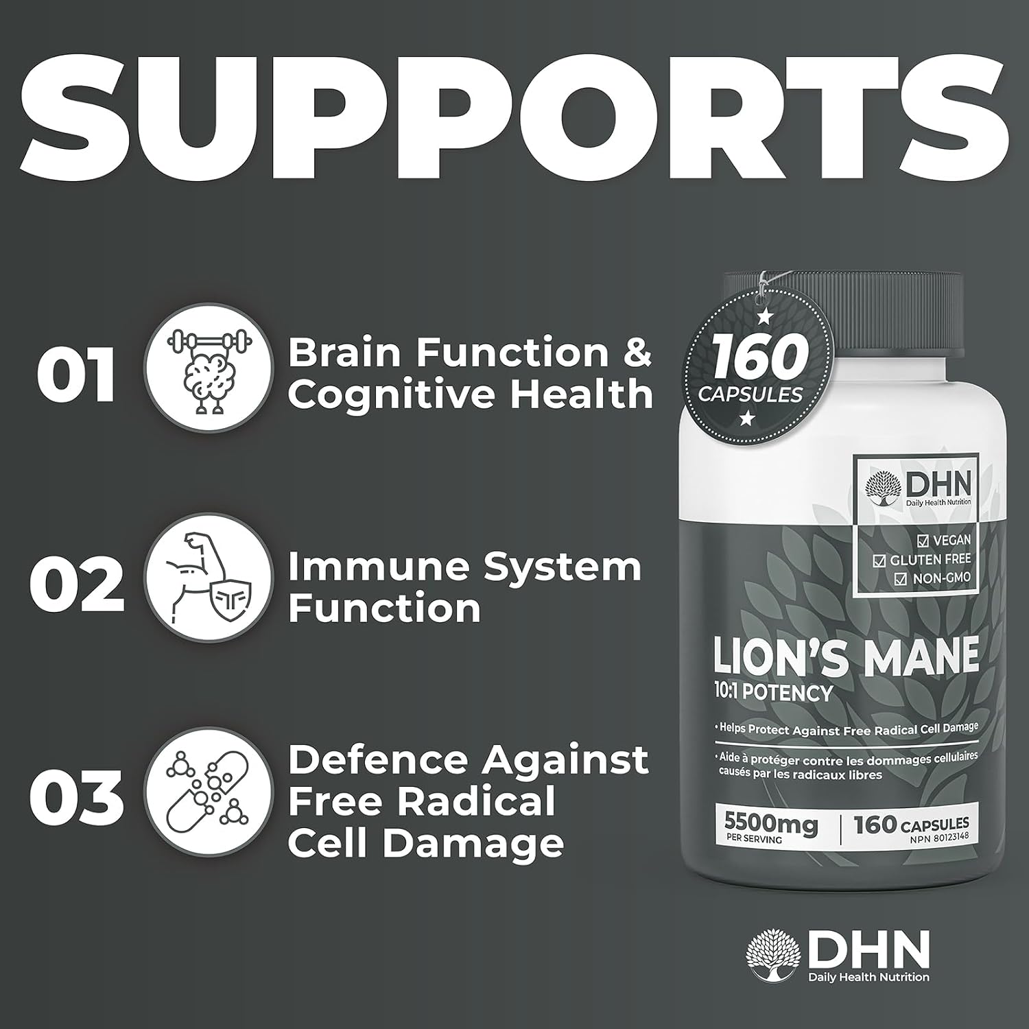 Detalle 2 de DH Nutrition Lion’s Mane Supplement, 160 Vegan Capsules, Fruiting Bodies