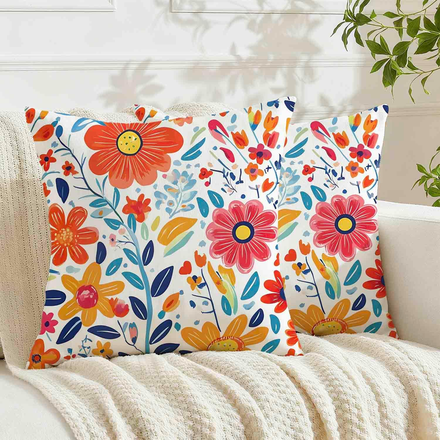 Detalle de Avalune Kissenbezug Frühling 45x45 Blumen Rot Blau – 2er Set, Leinoptik, waschbar