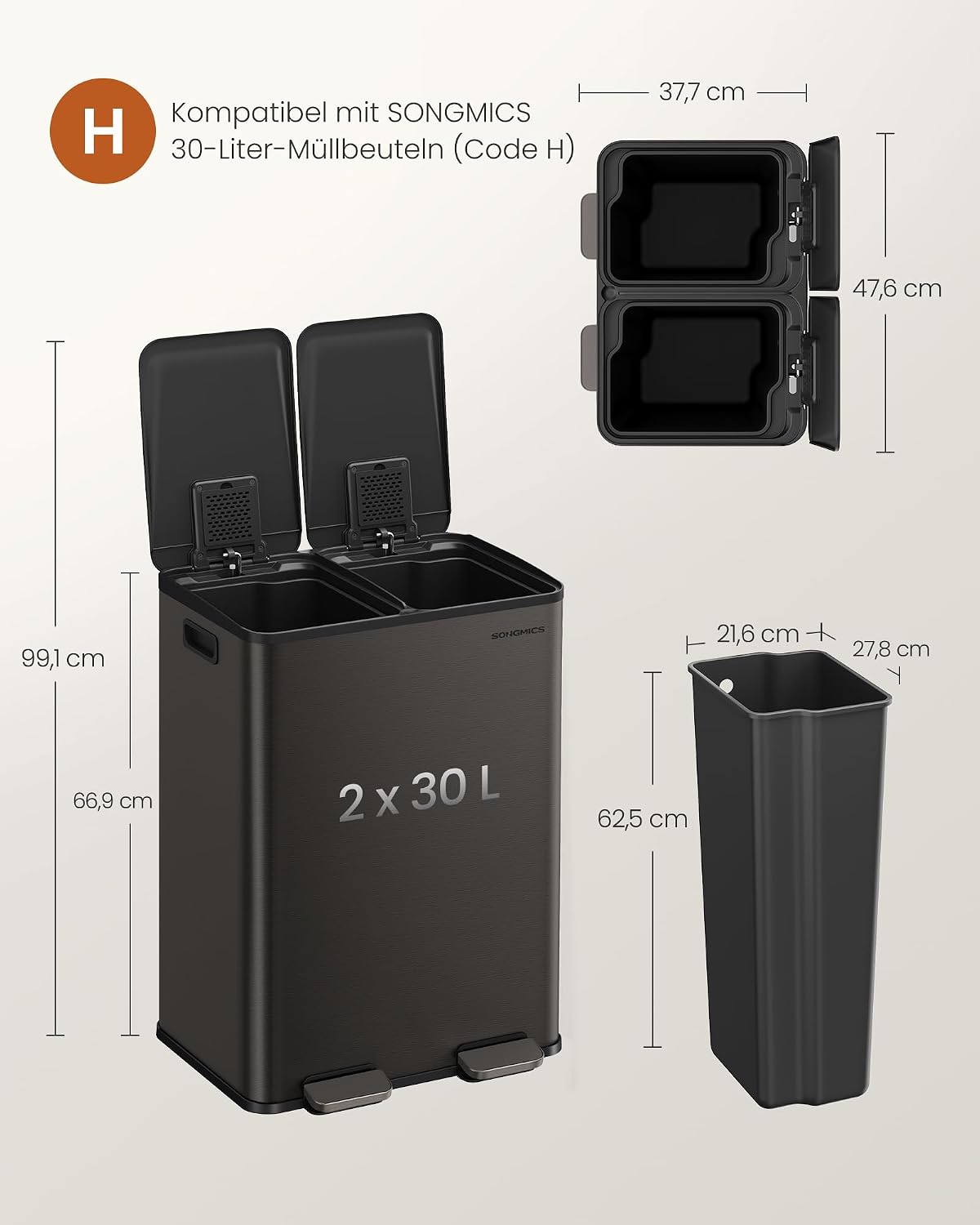 Detalle 2 de SONGMICS LTB741G01 2 x 30 L Mülleimer 🗑