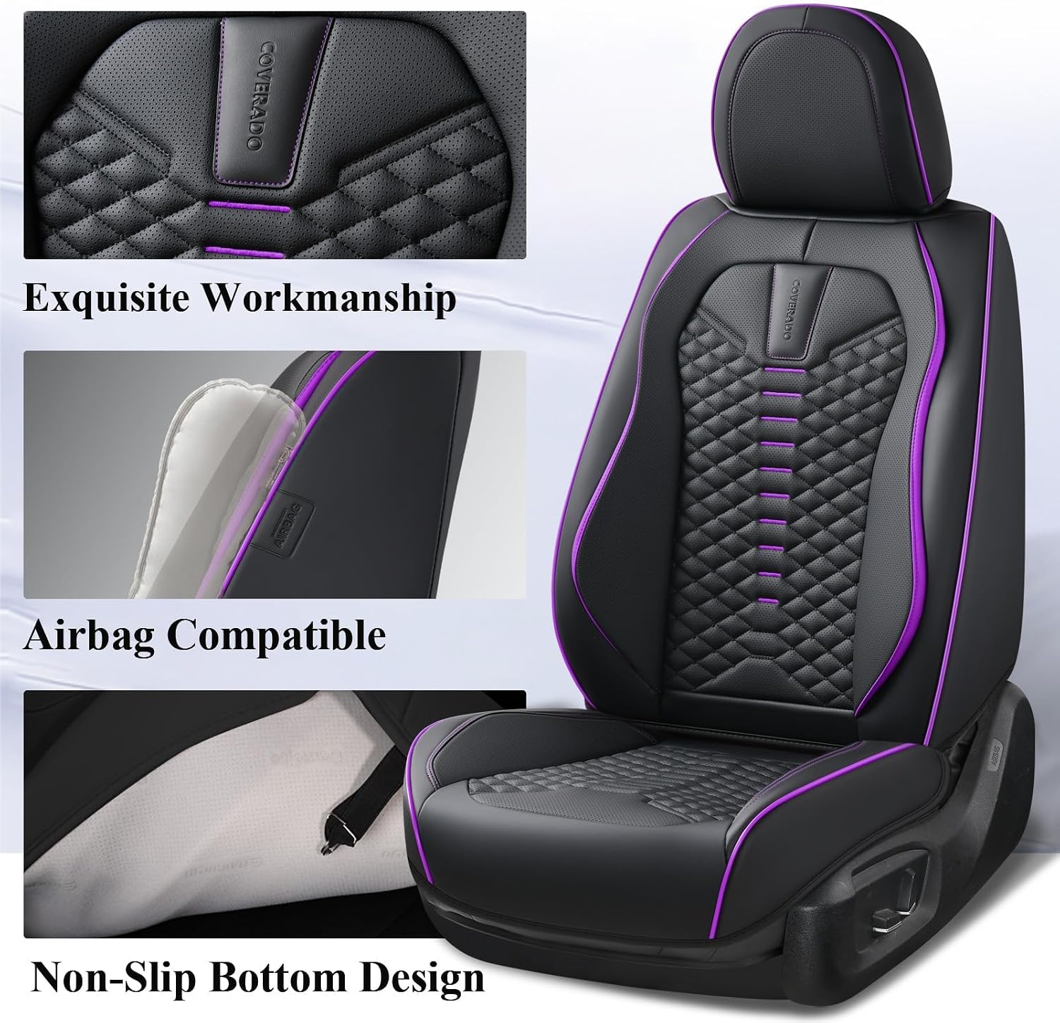 Detalle 2 de Coverado Leather Car Seat Covers Full Set for 5 Seats in Black & Purple