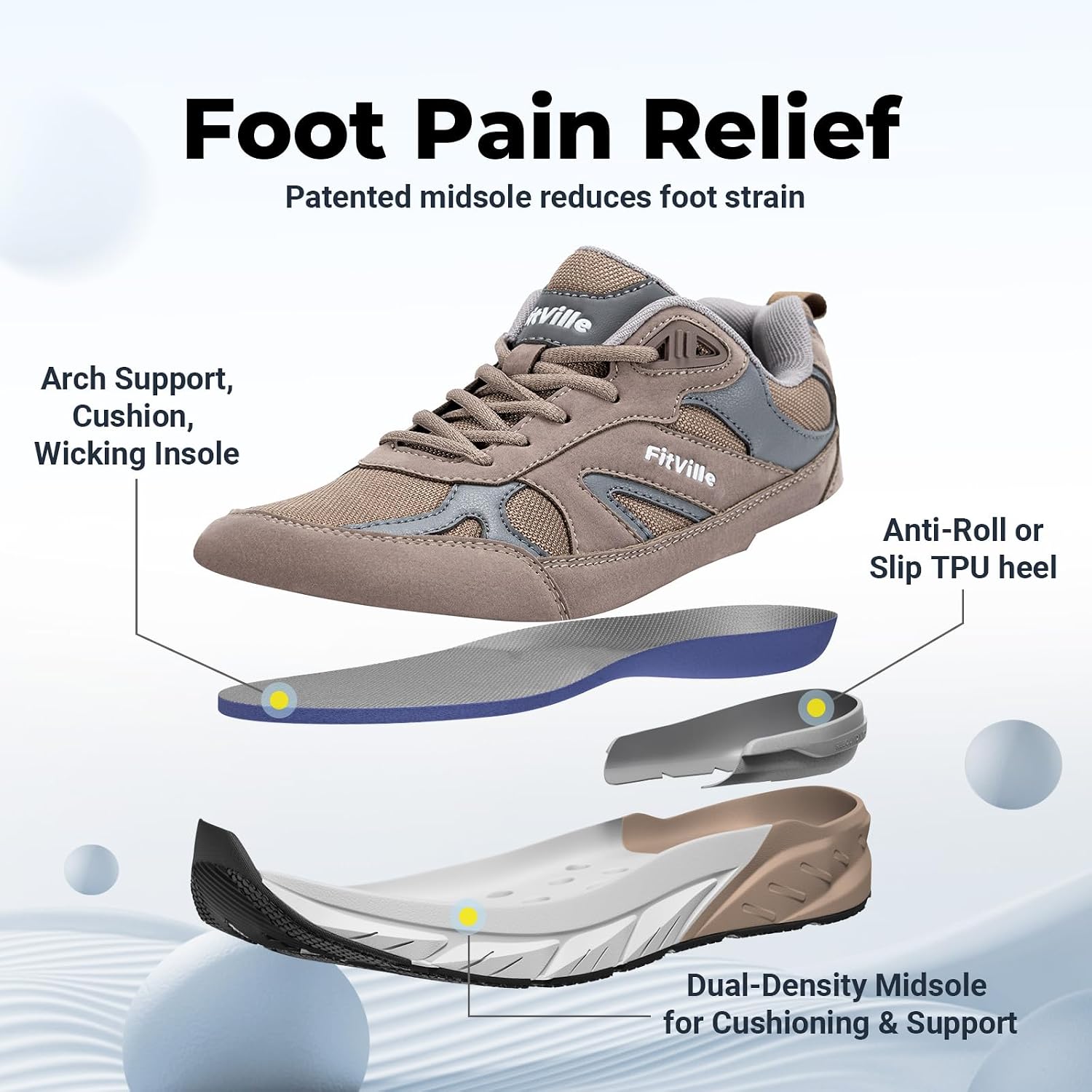 Detalle de FitVille Rebound NEO V1 Wide Walking Shoes for Men — Extra Wide, Arch Support, Heel Pain Relief