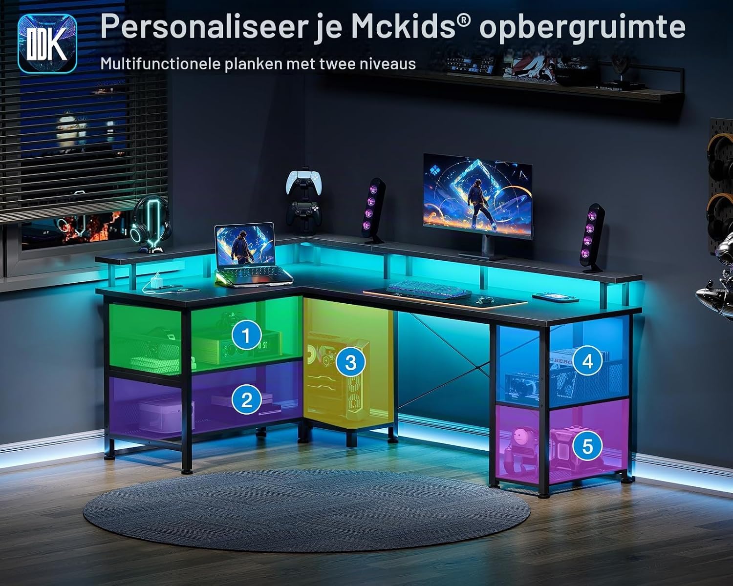 Detalle 2 de ODK ZJZ-SBWJDDD-N L-vormig gamingbureau 150 x 102 cm met led en planken