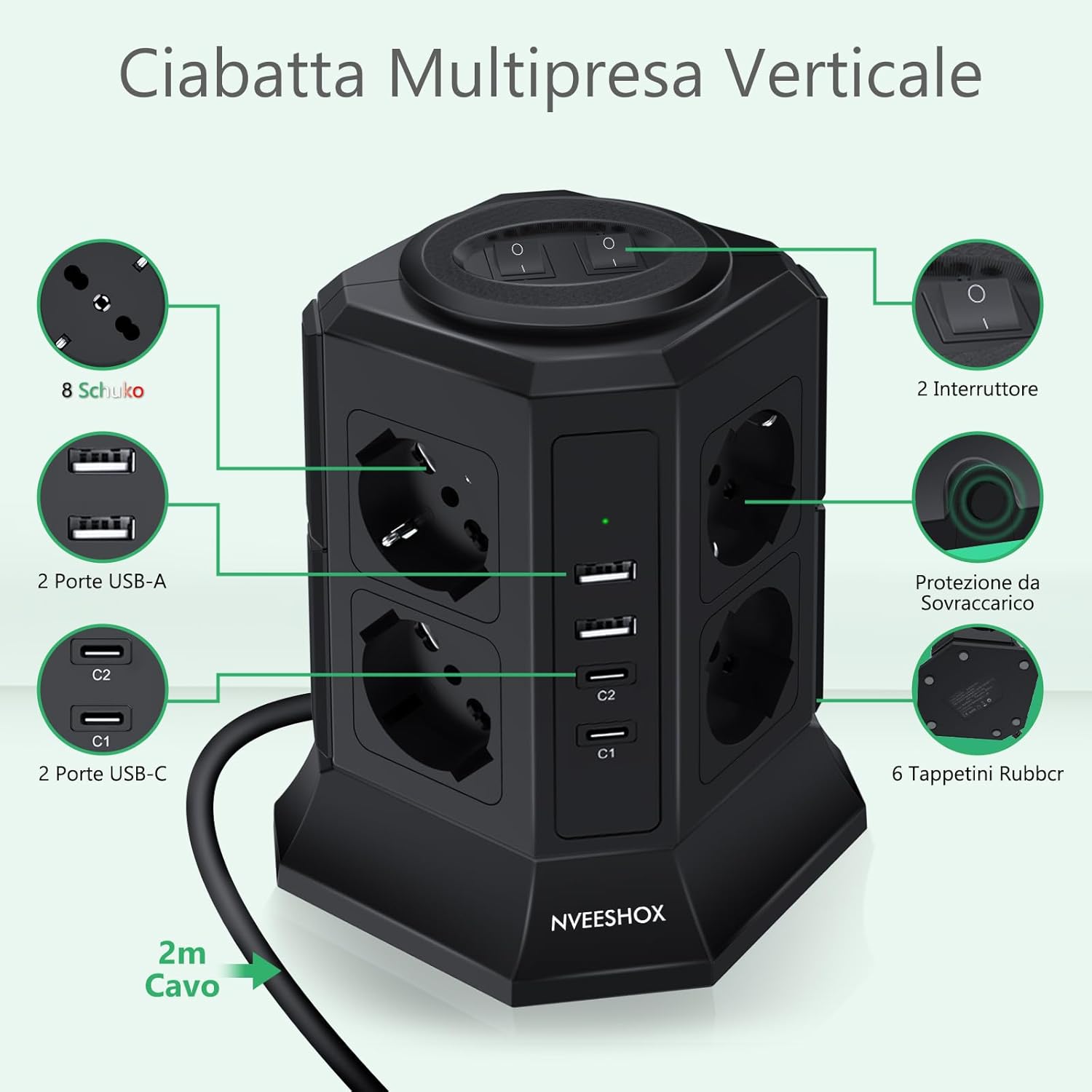 Thumbnail 5 de NVEESHOX Ciabatta multipresa verticale “Ciabatta” con 8 prese Schuko, 2 USB-C (PD 20W) e 2 USB-A, cavo 2 m