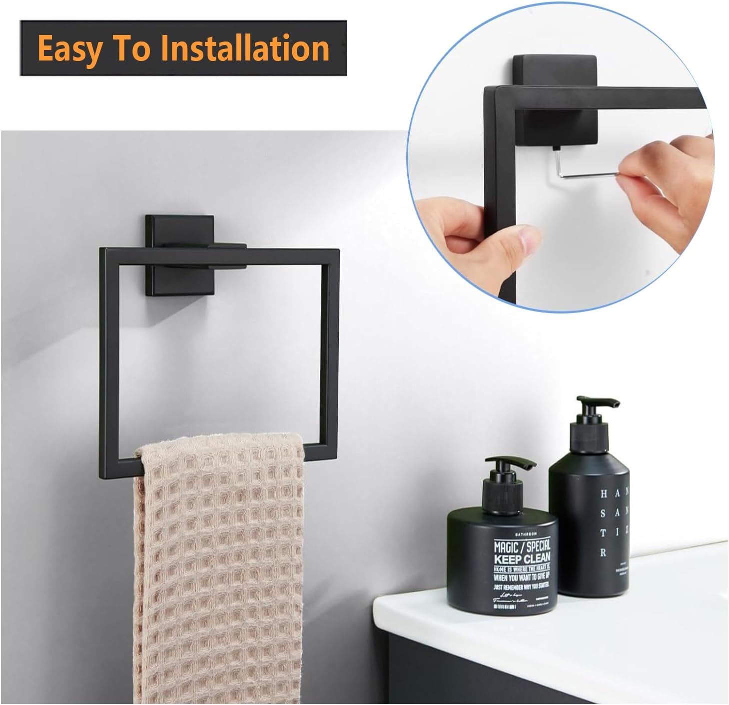Detalle 1 de JOPOFI XY-A040 Towel Ring, Matte Black Stainless Steel, Square Design