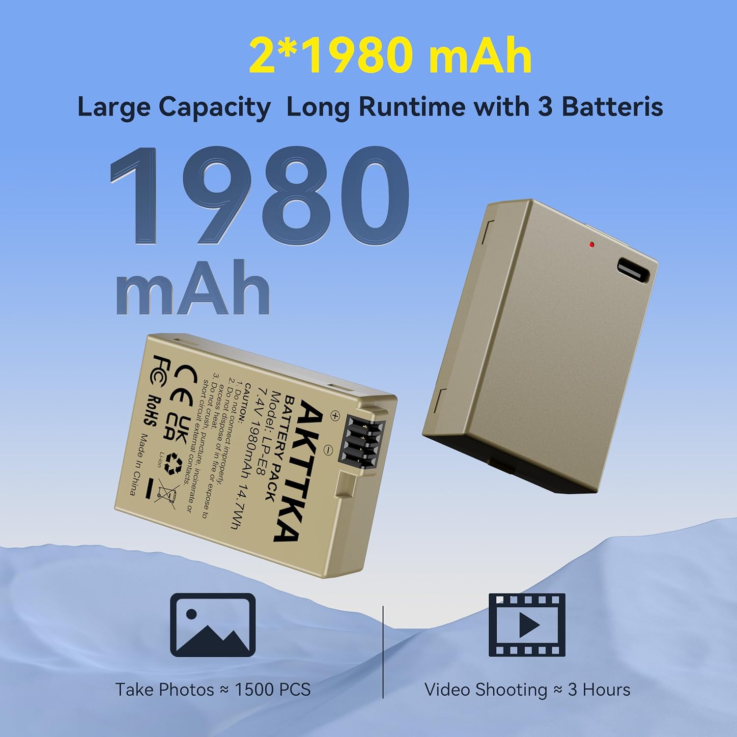 Thumbnail 2 de AKTTKA LP-E8 Akku 2er-Pack (1980mAh) mit 2-in-1 USB-C Ladekabel – kompatibel mit Canon EOS Rebel T2i/T3i/T4i/T5i, Kiss X4/X5/X6i/X7i, EOS 550D/600D/650D/700D
