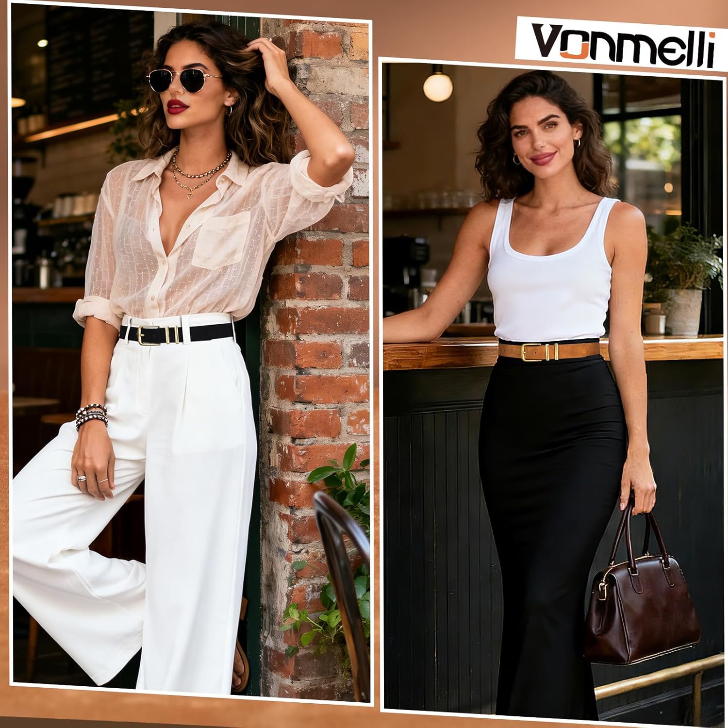 Thumbnail 6 de VONMELLI Damen Gürtel 2er-Set 2,5 cm – schmaler Ledergürtel mit Goldschnalle in Schwarz/Braun