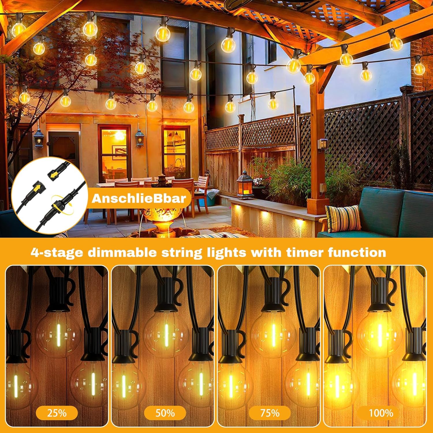 Thumbnail 4 de Sprifityy Catena Luminosa Solare per Esterno con Telecomando e Lampadine G40 dimmerabili, IP44 (16 m)