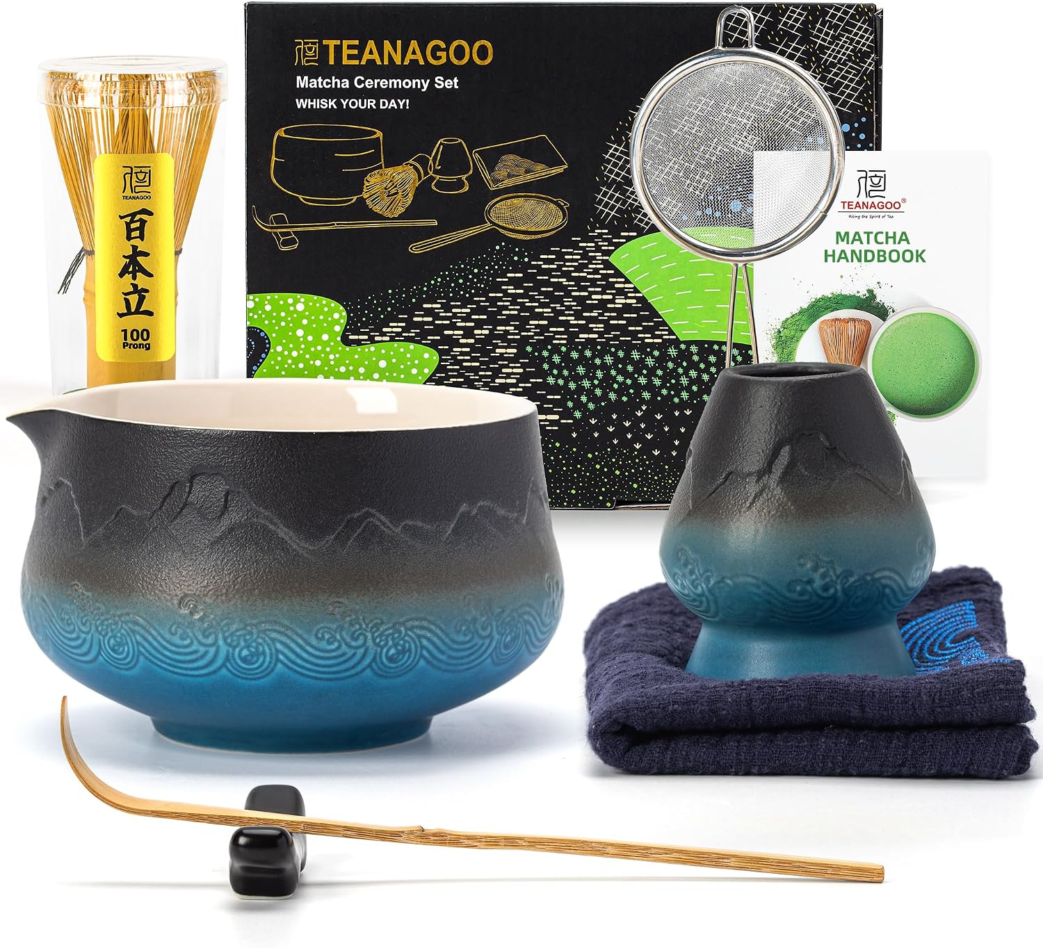 Detalle de TEANAGOO Matcha-Set (7-teilig) mit Bambusbesen, Chawan und Sieb – Marineblaues Farbverlauf-Design