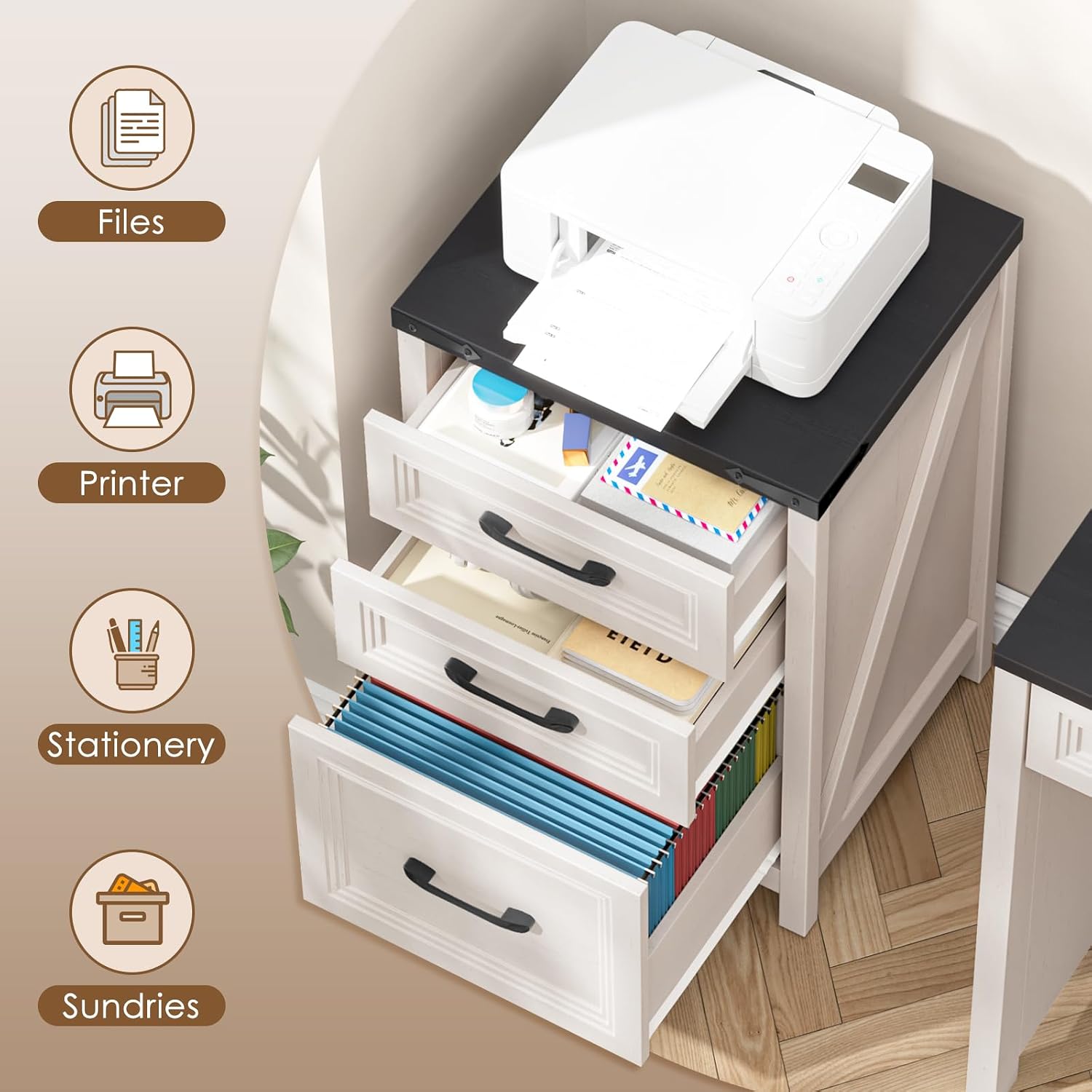 Thumbnail 6 de Vabches DA0882HB01A 3-Drawer File Cabinet, White and Black Farmhouse Style