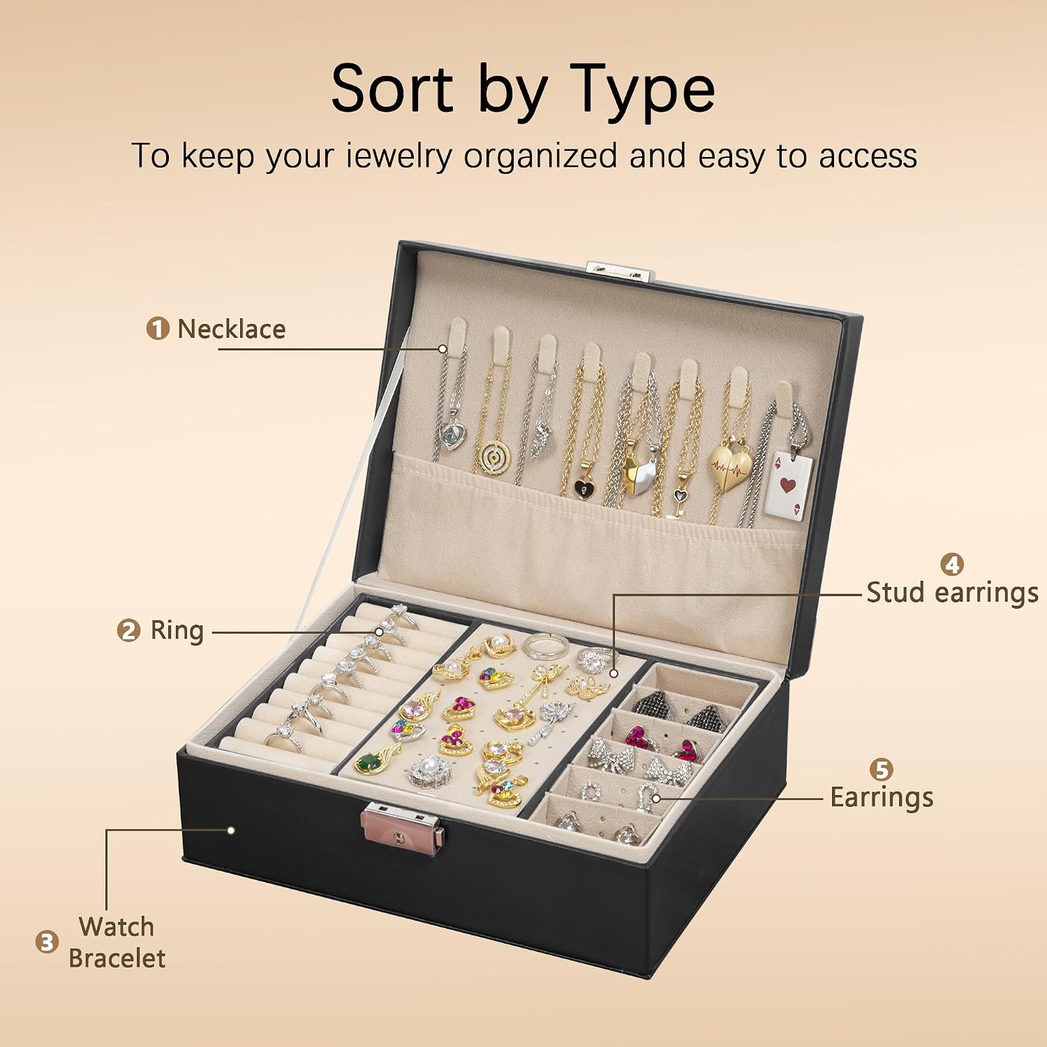 Detalle de Homeanda Jewellery Box with Lock: 2‑Layer Leather organiser for necklaces, bracelets and more
