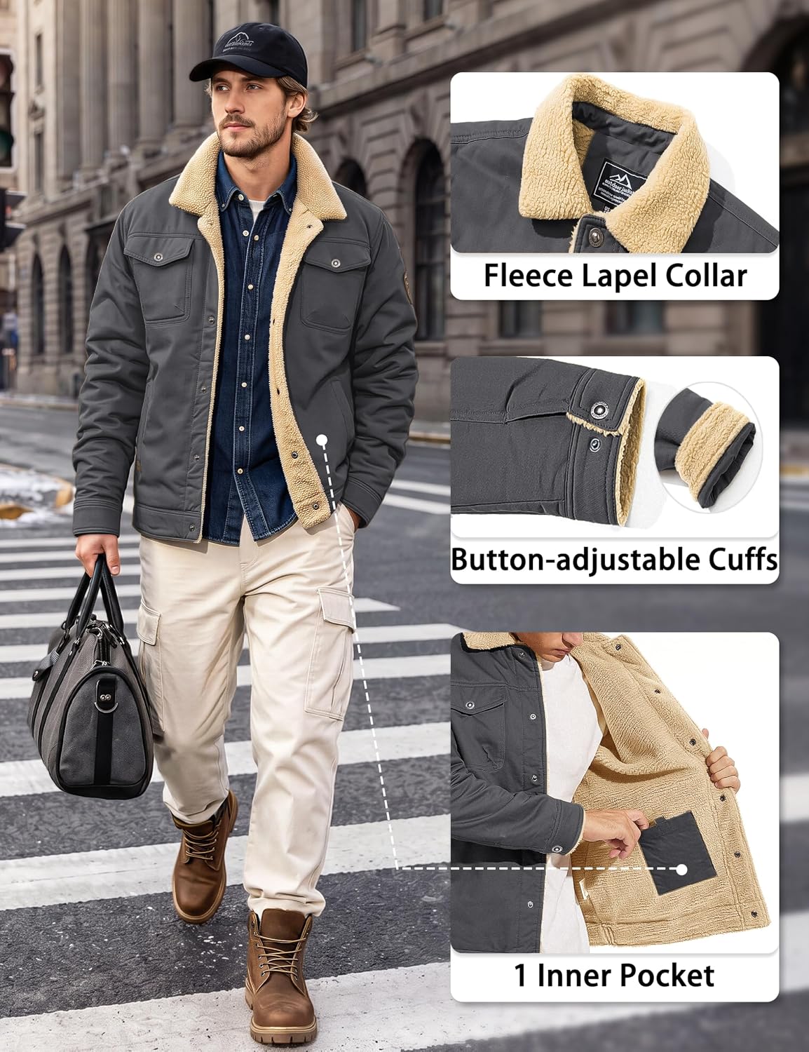 Detalle 2 de MAGCOMSEN Men's Sherpa-Lined Winter Jacket with Cotton Shell and 5 Pockets