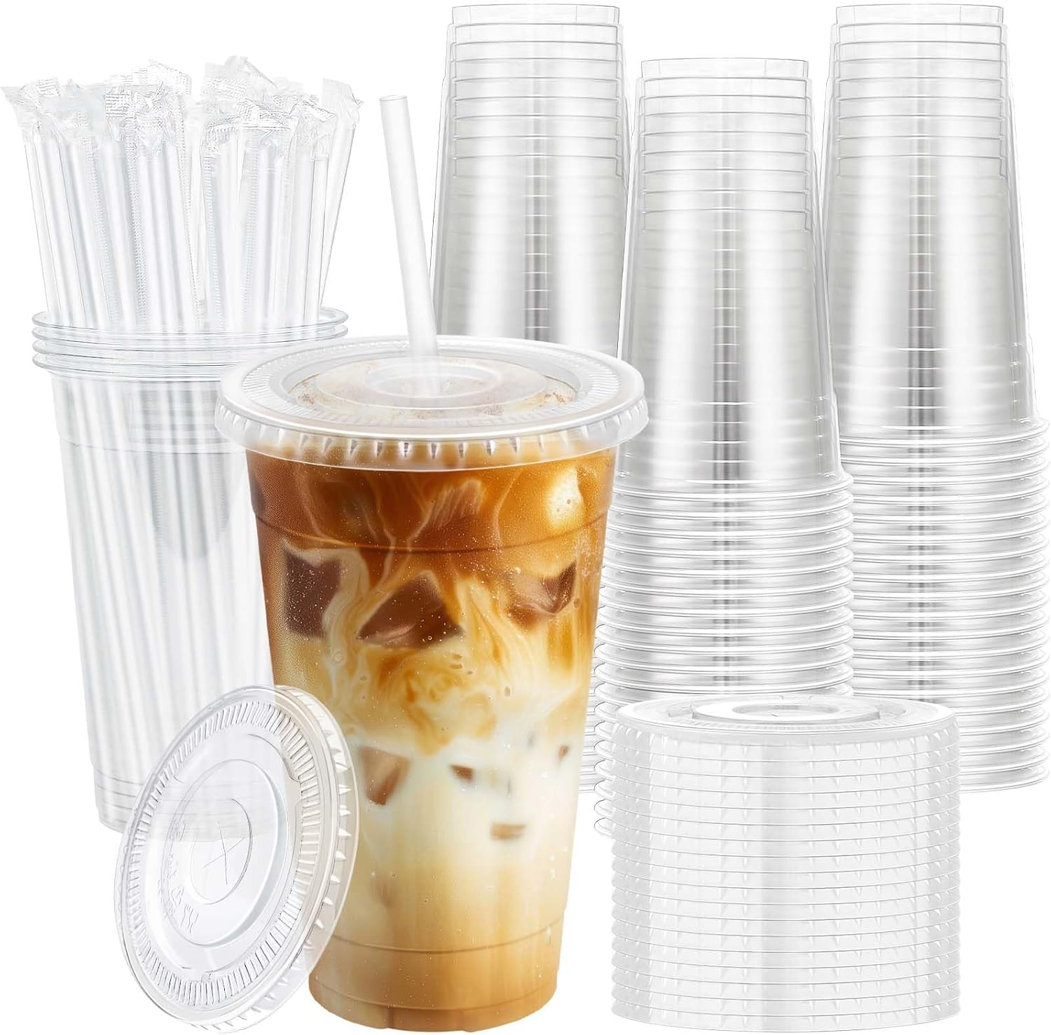 Detalle de Huifany 100 Pack 20 oz Plastic Cups with Lids and Straws
