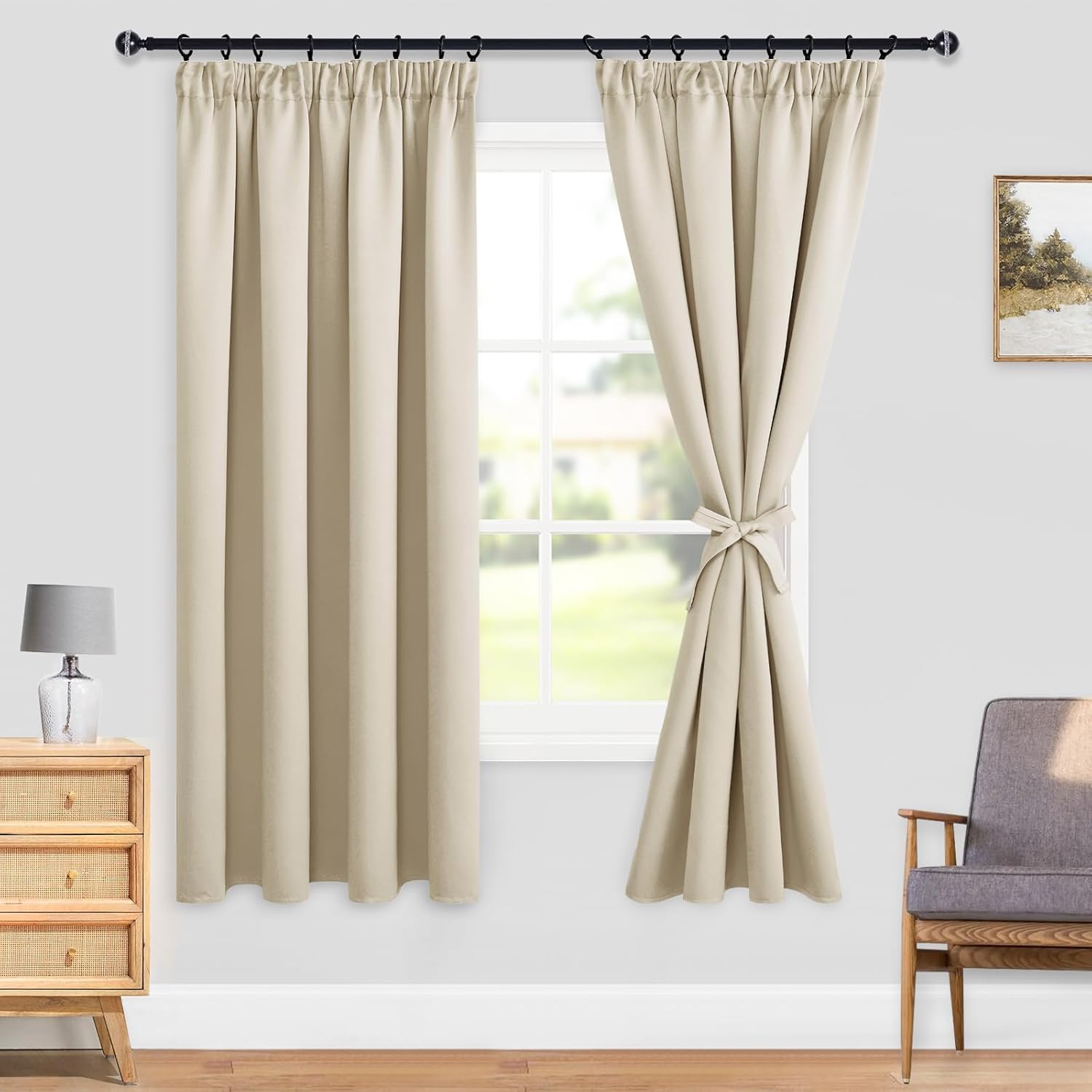 Detalle 2 de DWCN Verdunkelungsvorhänge 160x140 cm (2er Set) Hell Beige mit Kräuselband – Blickdichte Thermogardine für Kinderzimmer