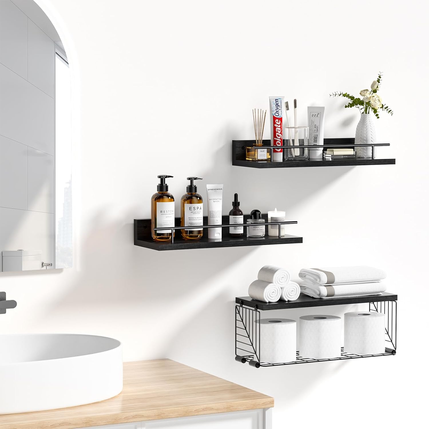 Detalle de KOWSINDE Art deco Bathroom Shelves with Wire Basket and Metal Guardrail