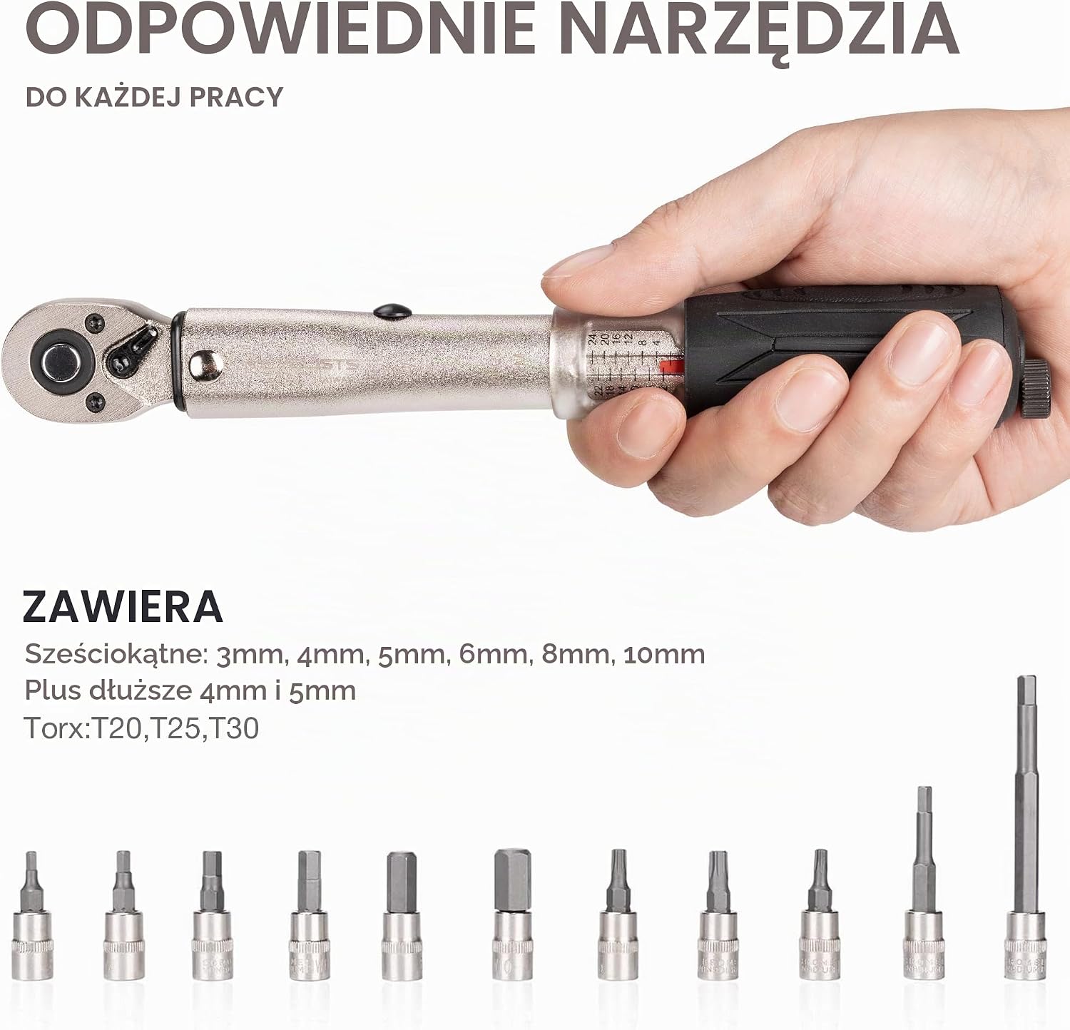 Detalle de Bike Hand YC-617-2ST – klucz dynamometryczny 1/4 cala, 2–24 Nm z bitami