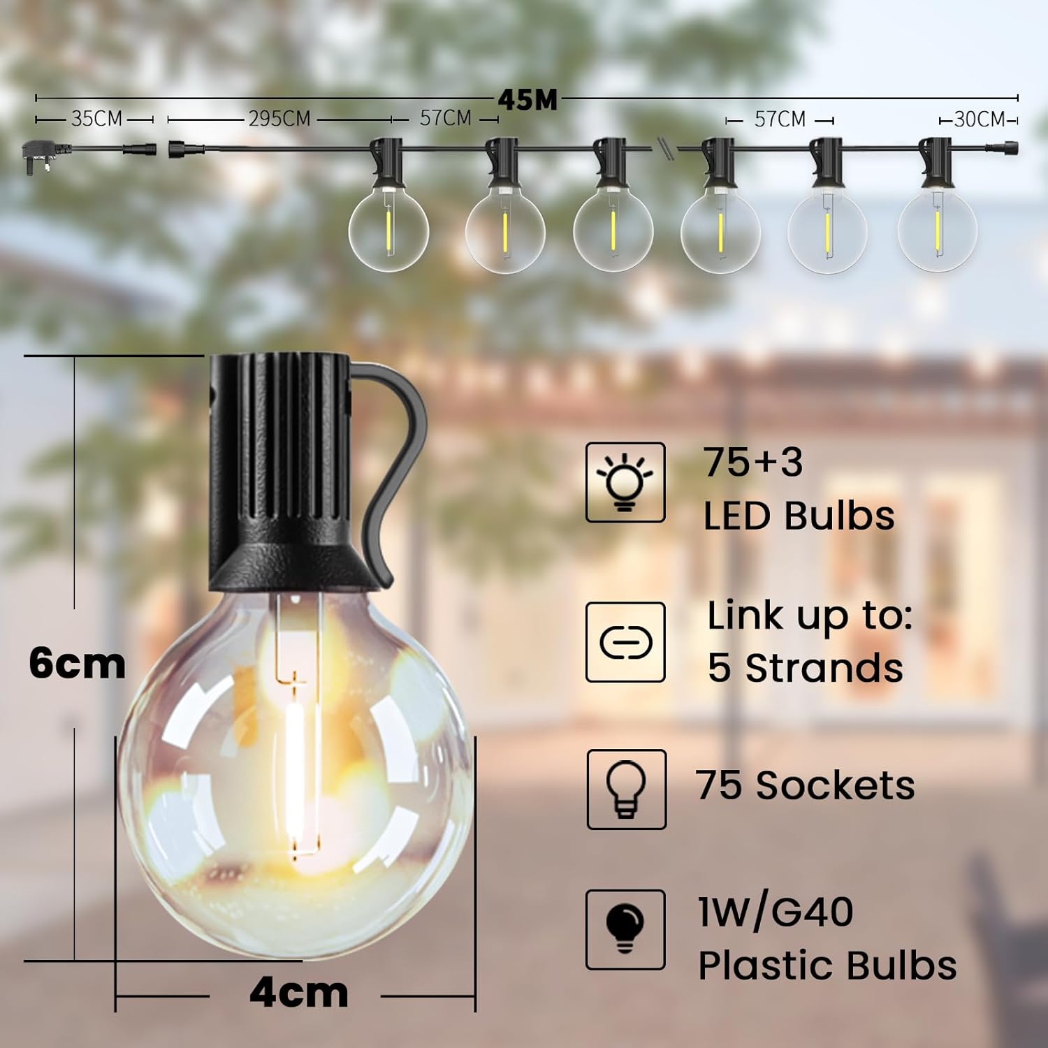 Detalle 2 de Svater Catena Luminosa Esterno 40 m G40 con 75+3 Portalampade LED — IP45, 2700K