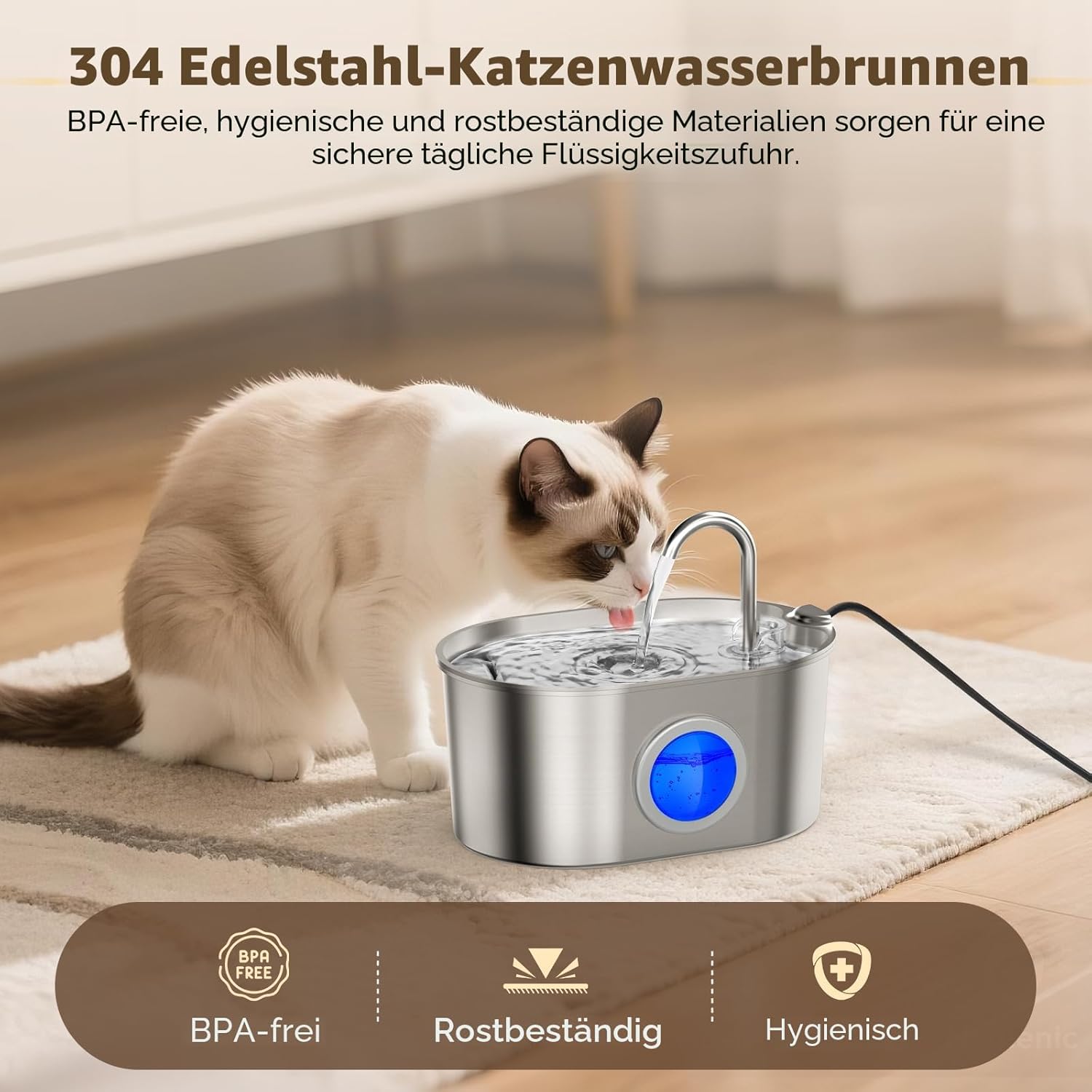 Detalle de Invengo MeowFlow B30 Trinkbrunnen für Katzen (2,2 l) aus Edelstahl mit Wasserfenster