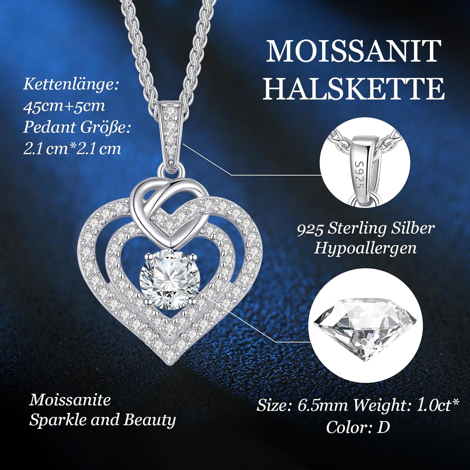 Thumbnail 3 de CDE Moissanite-Doppelherz-Halskette aus Sterling Silber 925 (VVS1, Farbe D) mit verstellbarer Länge