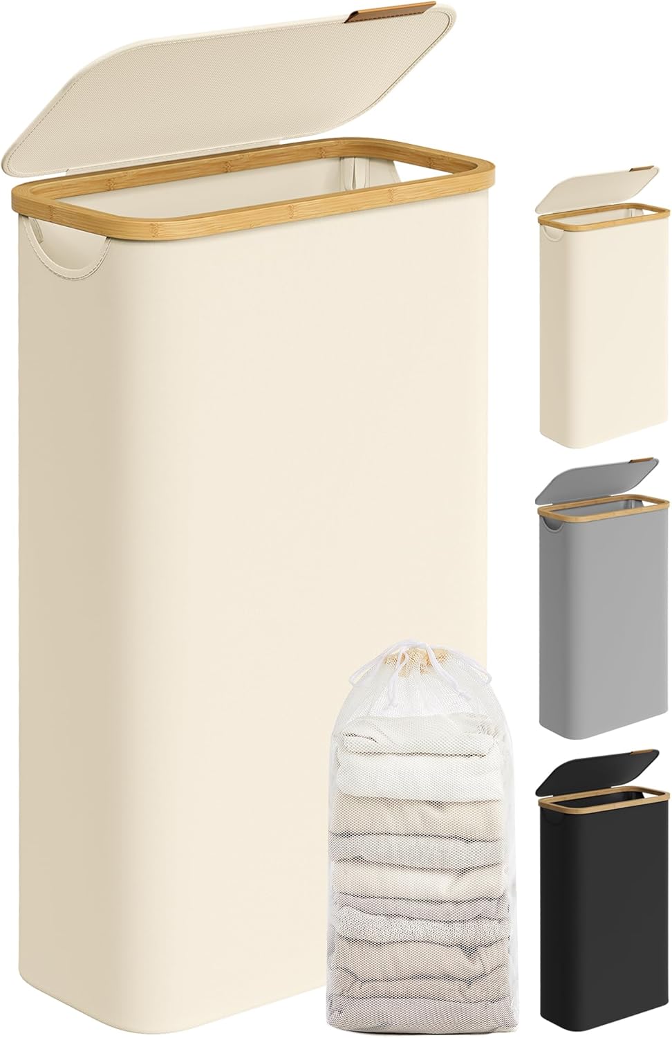SONGMICS LCB506W01 Slim Laundry Basket with Lid (65L) with Removable Mesh Liner