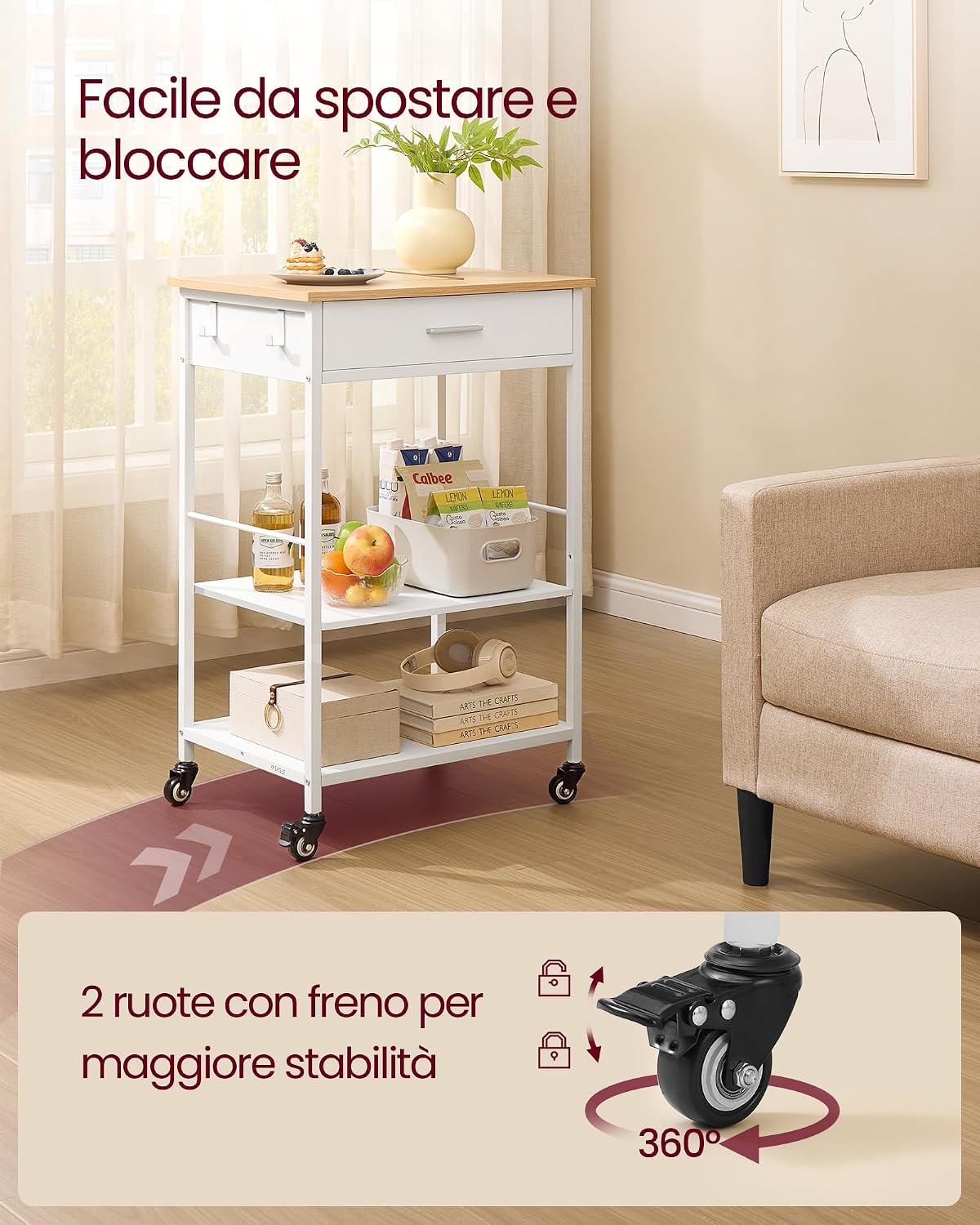 Thumbnail 2 de VASAGLE Isola da Cucina Mobile con Ruote KKI007Y01 – Rovere Beige e Bianco Opaco