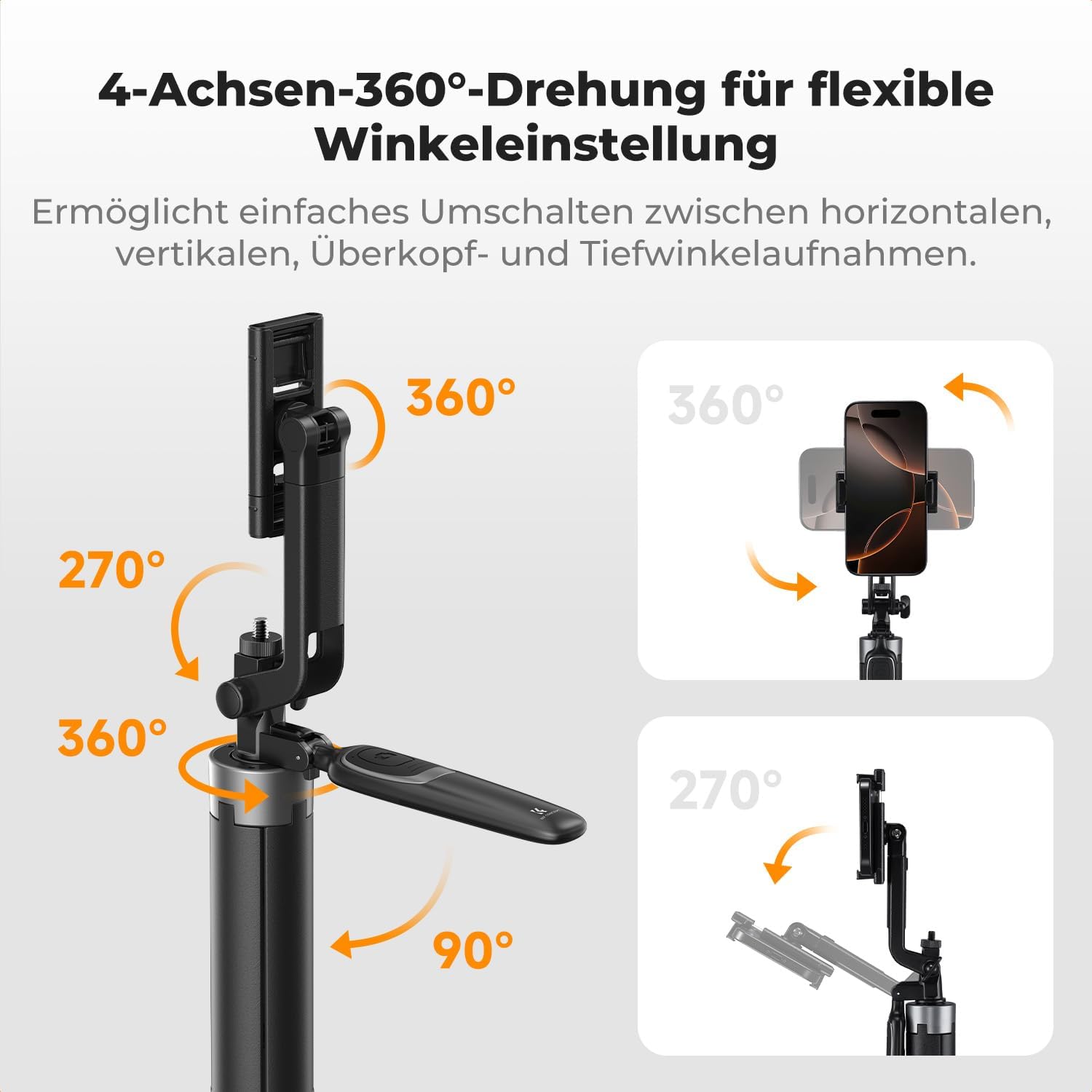 Detalle de K&F CONCEPT Selfie Stick 180 cm Selbstausfahrend – Vierbein-Stabilität, 360°-Klemme und Bluetooth Fernbedienung