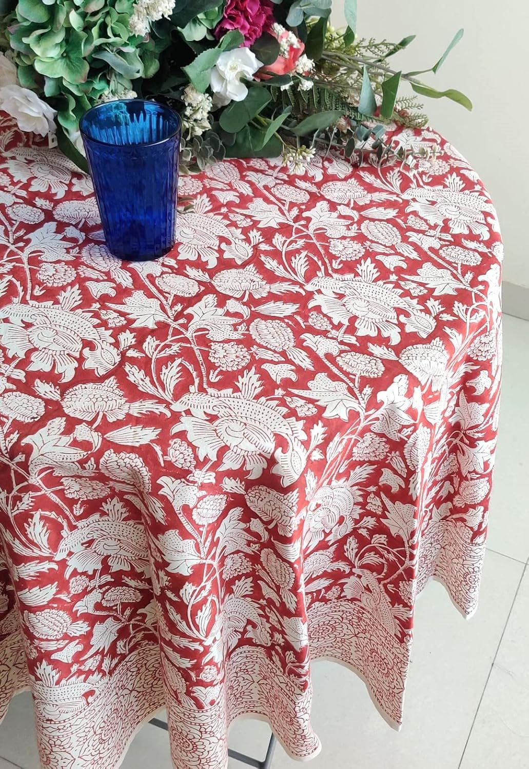 Thumbnail 2 de ATOSII Meraki Red 100% Cotton Round Tablecloth, 60" Floral Handblock Print for 4-Seater Tables