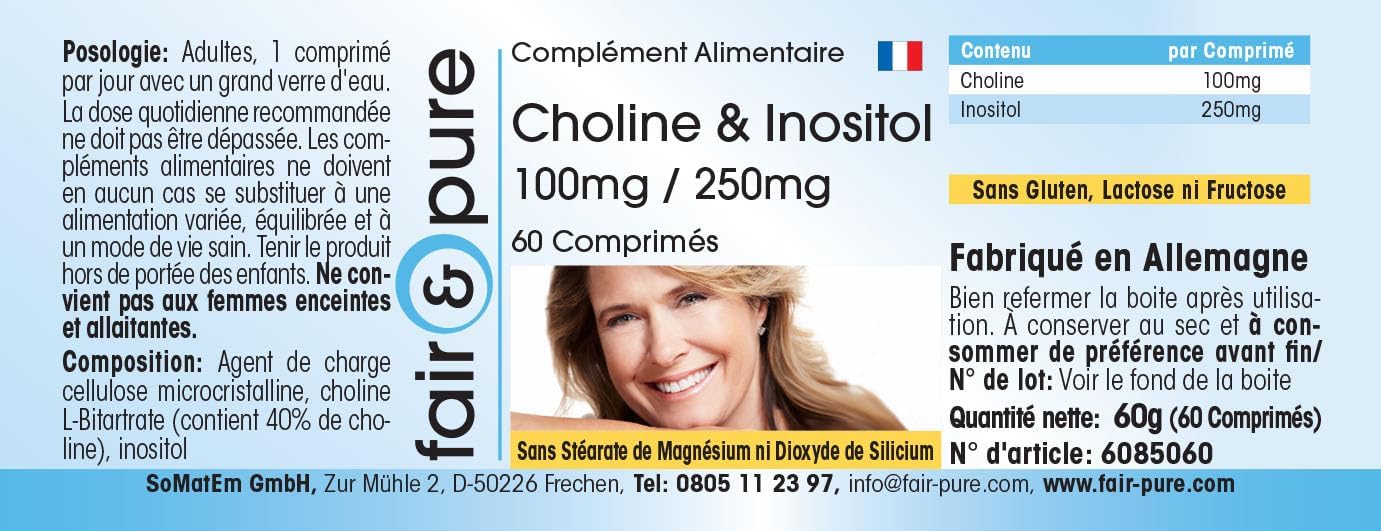 Detalle de Fair & Pure Cholin & Inositol 100 mg / 250 mg, 60 Tabletten – Hochdosierte Nahrungsergänzung aus Deutschland