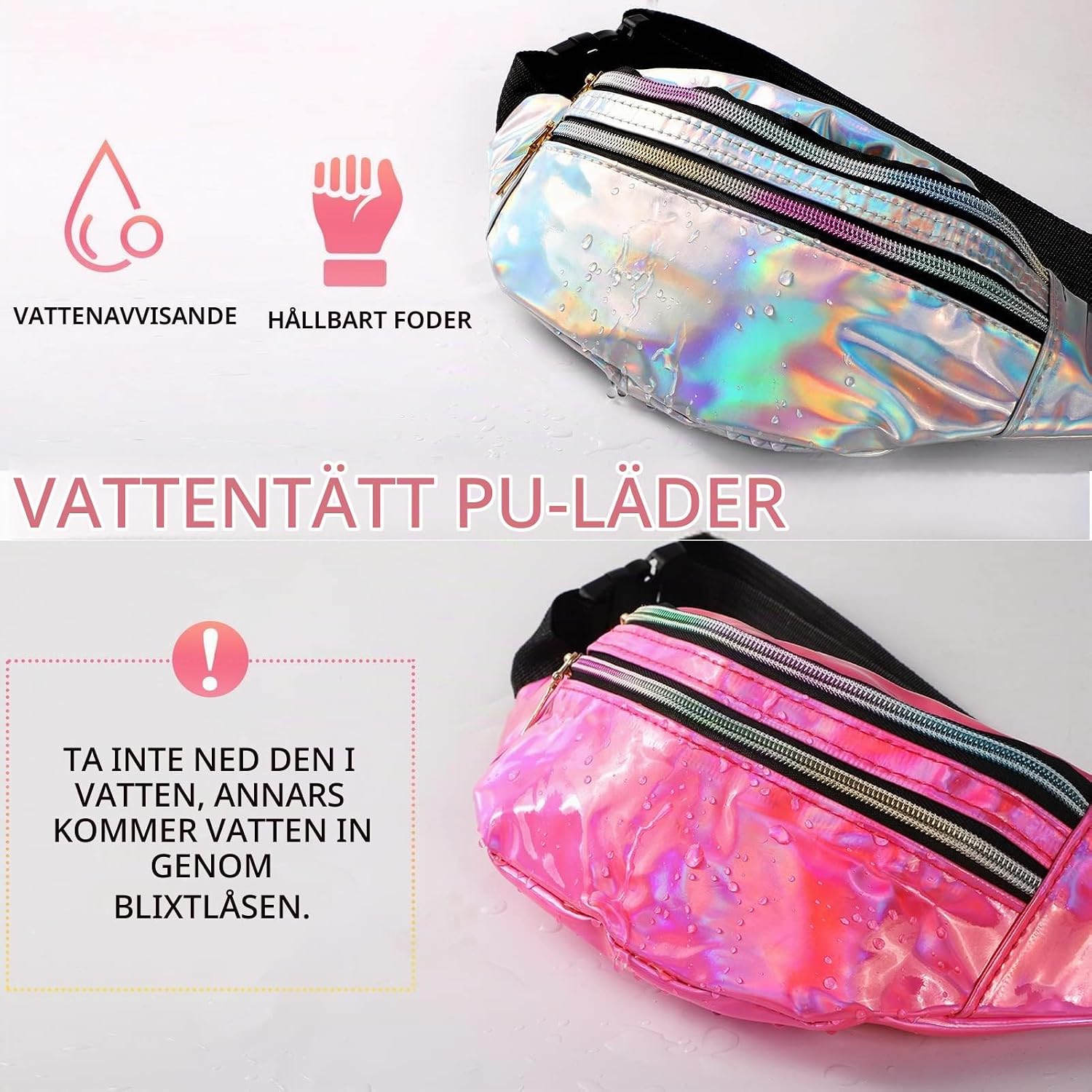 Detalle de JunD Metallic holografiska midjeväskor i PU, silver och rosa, justerbart bälte