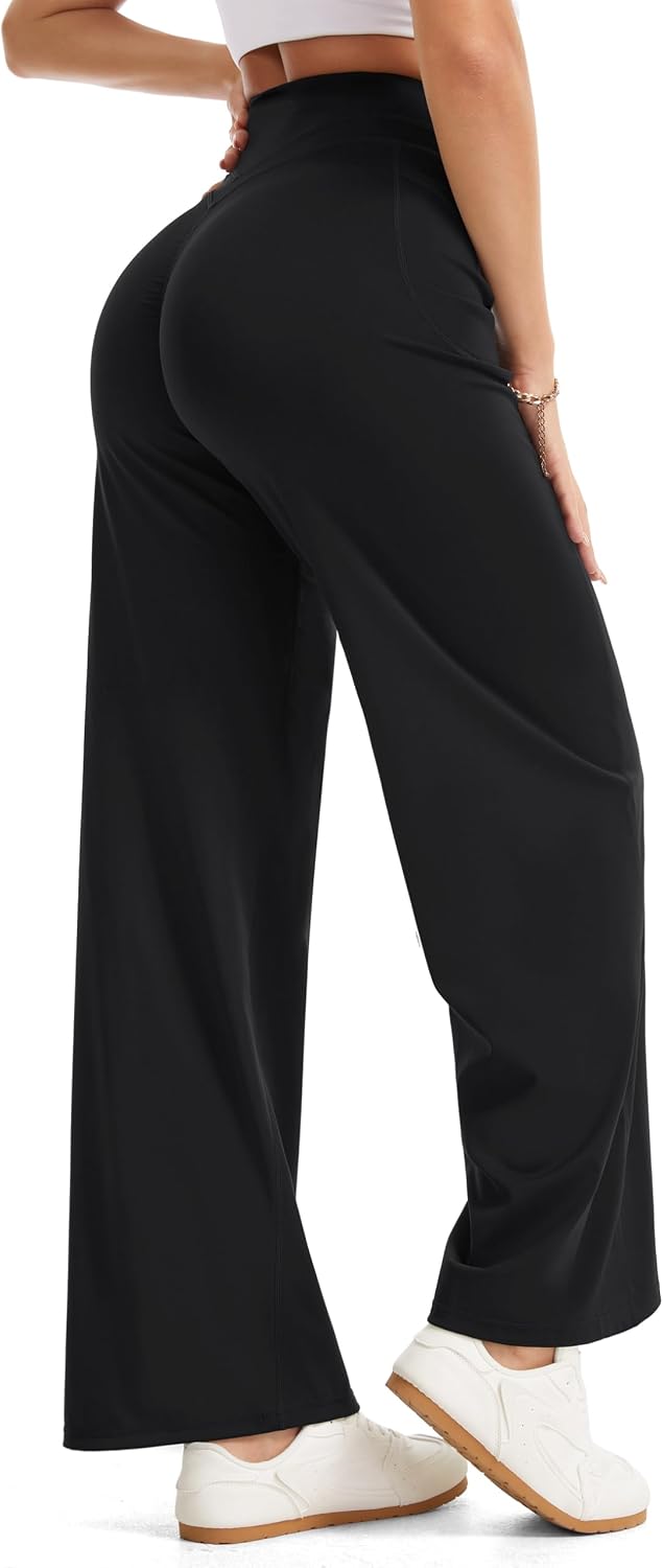Detalle de THE GYM PEOPLE Women's Wide-Leg Yoga Pants, High Waist, No Front Seam