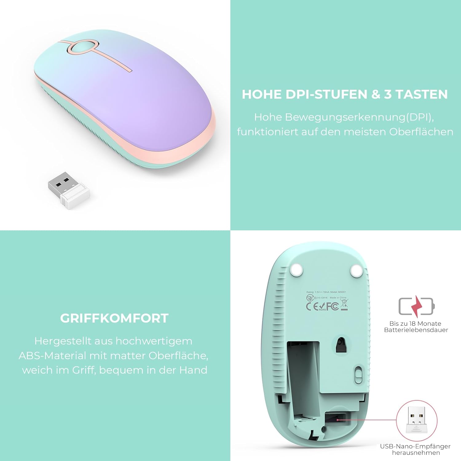 Detalle de Seenda kabellose Maus 2,4G, 1600 DPI – leise, rechts- und linksseitig nutzbar, 18 Monate Akkulaufzeit (Grün & Lila)
