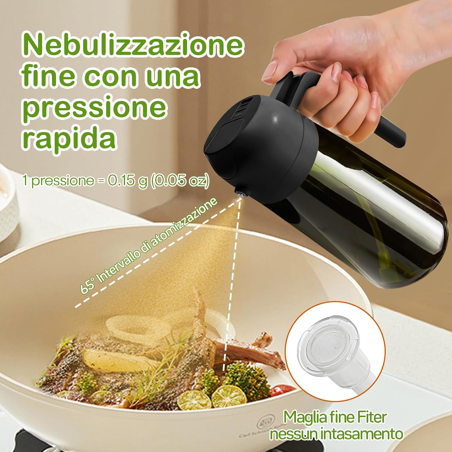 Detalle de YARRAMATE Spruzzino Olio in Vetro 2 in 1: dosatore e nebulizzatore da 470 ml, nero