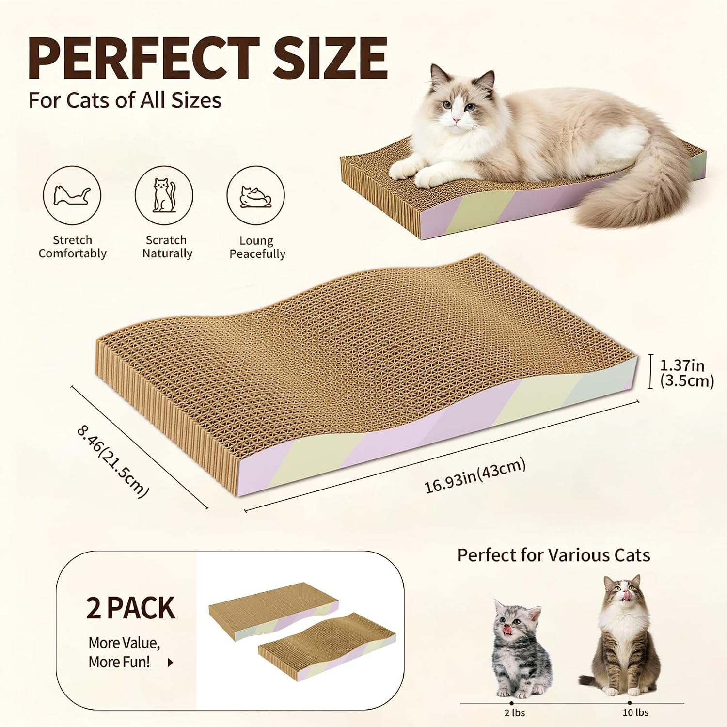 Detalle de KISENG CSP4321 Reversible Cat Scratcher Board, 2-Pack, Wave-Shaped Cardboard