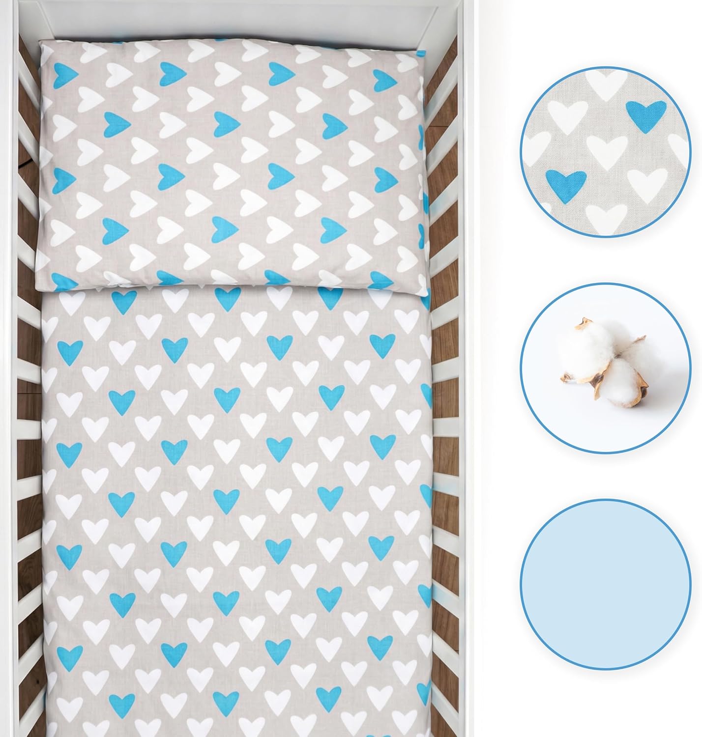 Detalle de Baby Comfort 2-Piece Toddler Duvet & Pillow Set – 120x90 cm, 100% Cotton, Breathable, Machine Washable (Blue Hearts)
