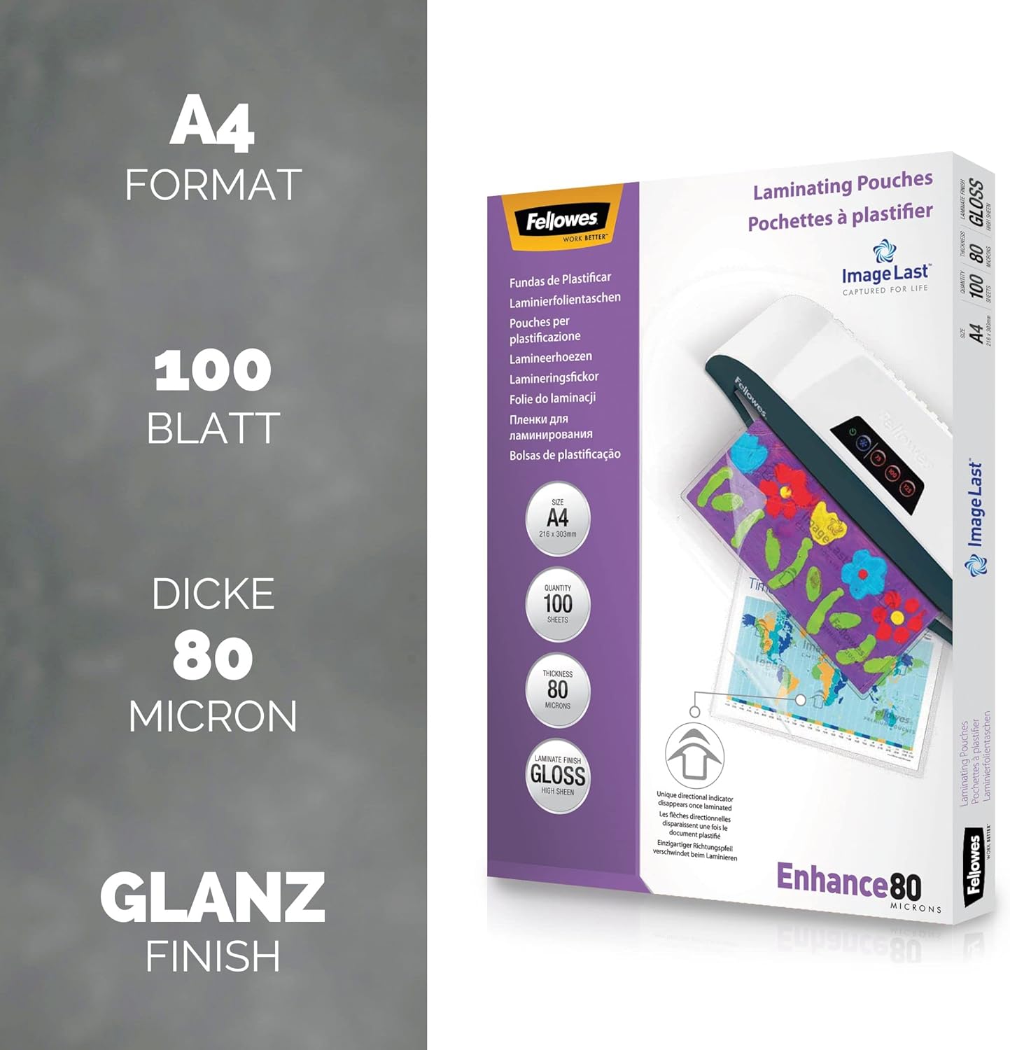 Detalle de Fellowes Laminierfolien A4, glänzend – 80 μm pro Seite, ImageLast Ausrichtungshilfe, 5x100 Stück (500 Folien) – kompatibel mit Heißlamination