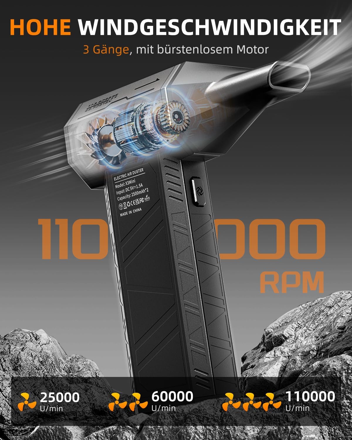 Detalle de Electric Air Cordless Air Duster (110.000 RPM) – akkubetriebenes Mini-Gebläse mit 4 Düsen, 3 Stufen und Überhitzungsschutz